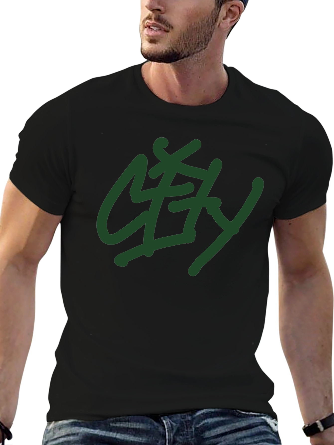 Black T-Shirt with Green City Graphic