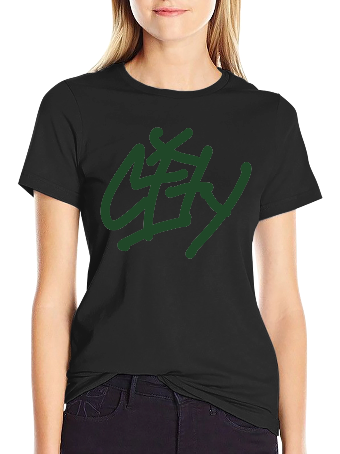 Black T-Shirt with Green City Graphic