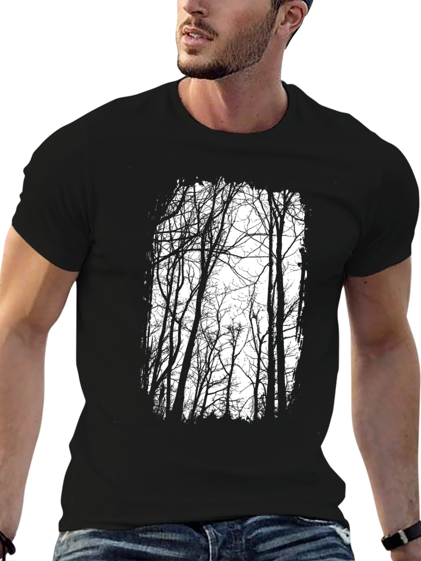 Mens Black T-Shirt with Forest Tree Design