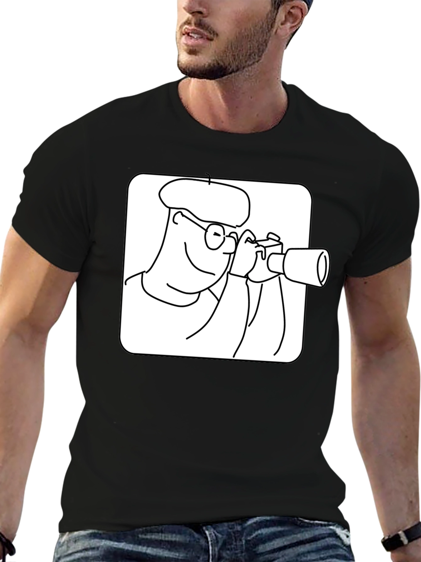 Black T-Shirt with Cartoon Photographer Design