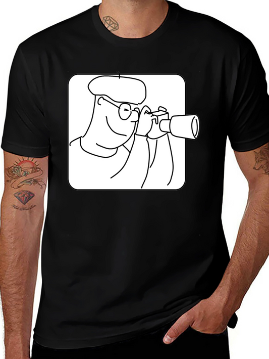 Black T-Shirt with Cartoon Photographer Design