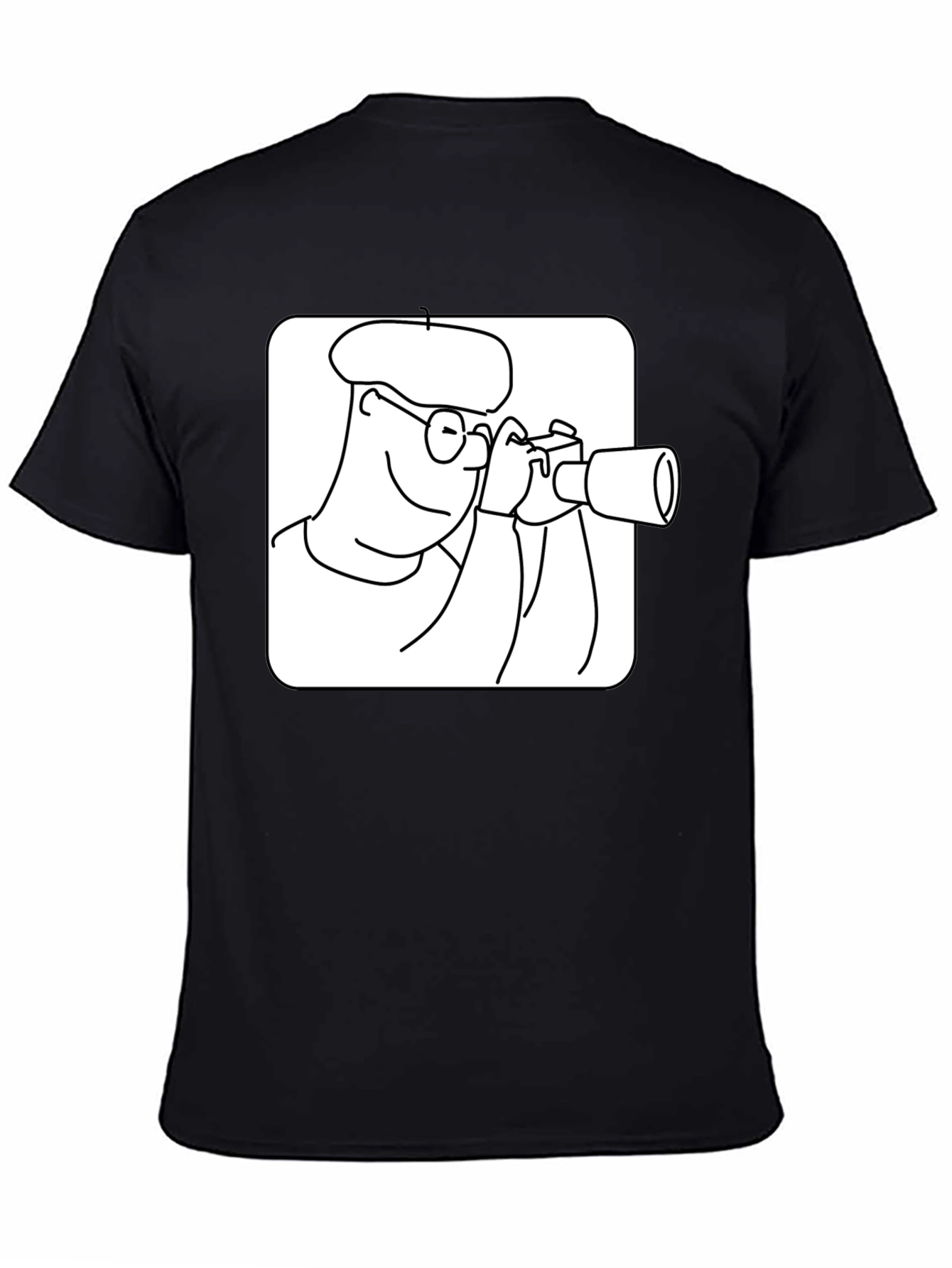 Black T-Shirt with Cartoon Photographer Design