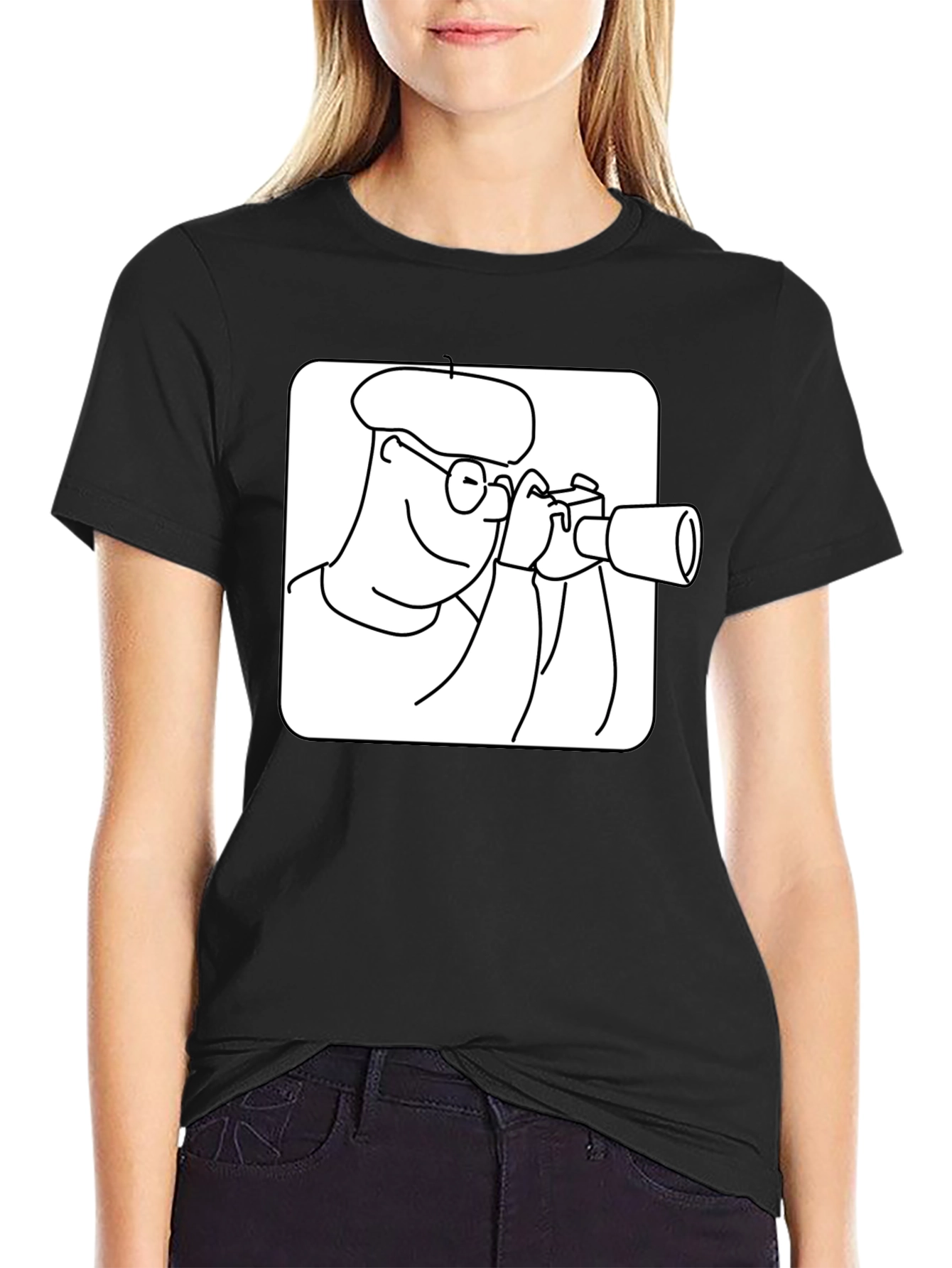 Black T-Shirt with Cartoon Photographer Design