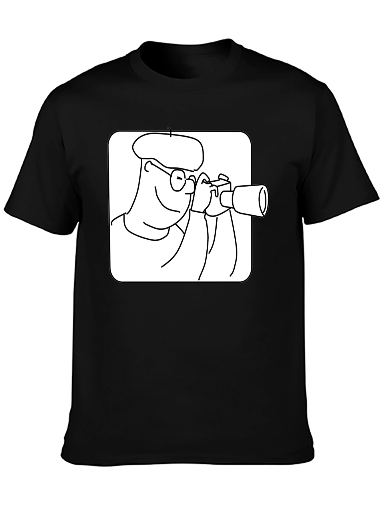 Black T-Shirt with Cartoon Photographer Design