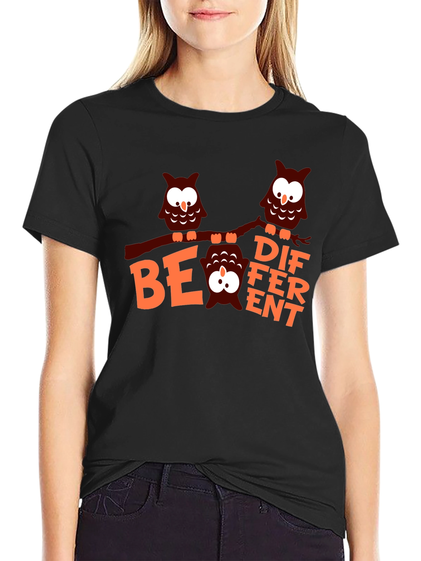 Be Different Owl Graphic Tee - Black Cotton T-Shirt