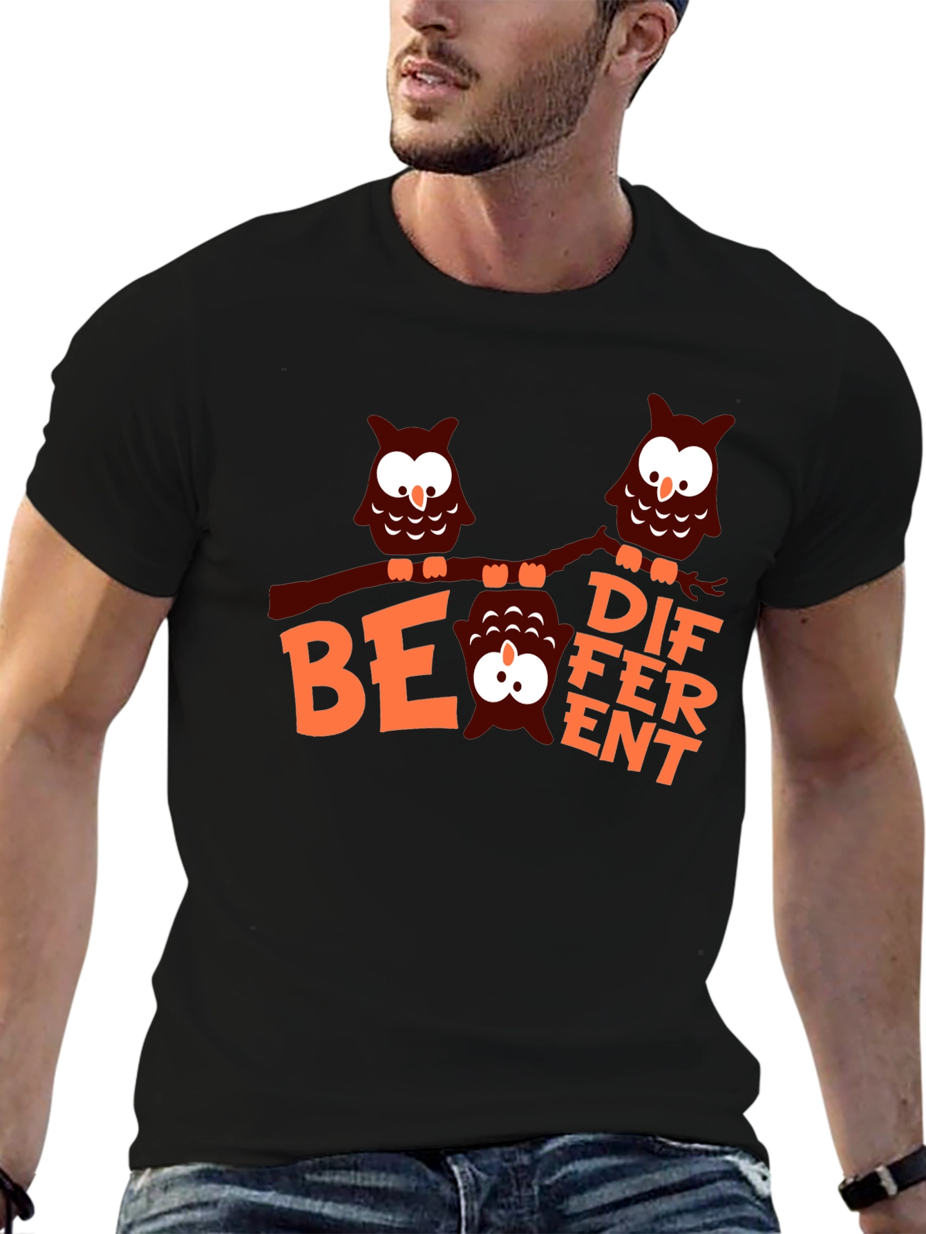 Be Different Owl Graphic Tee - Black Cotton T-Shirt