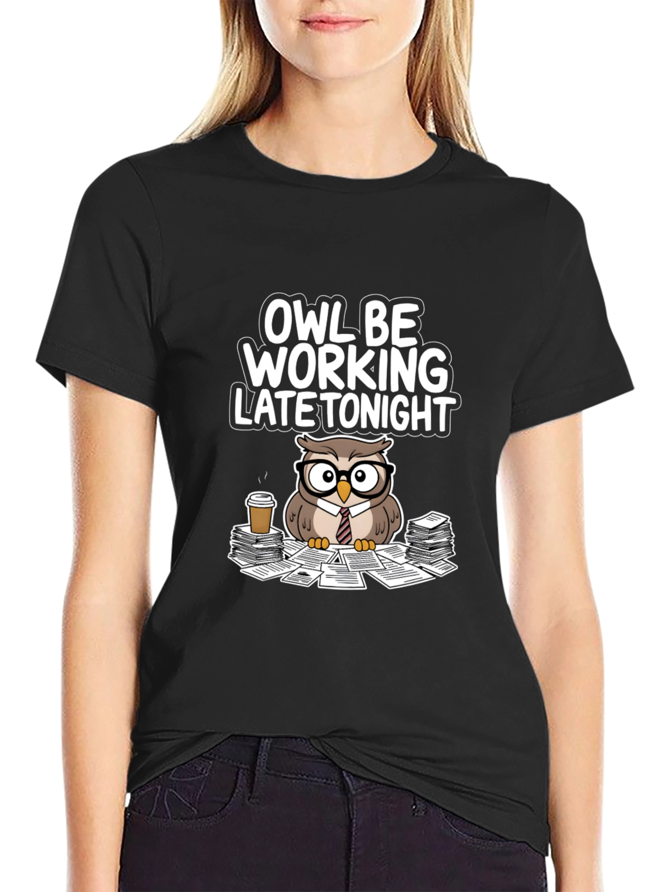 Owl Be Working Late Tonight Black T-Shirt