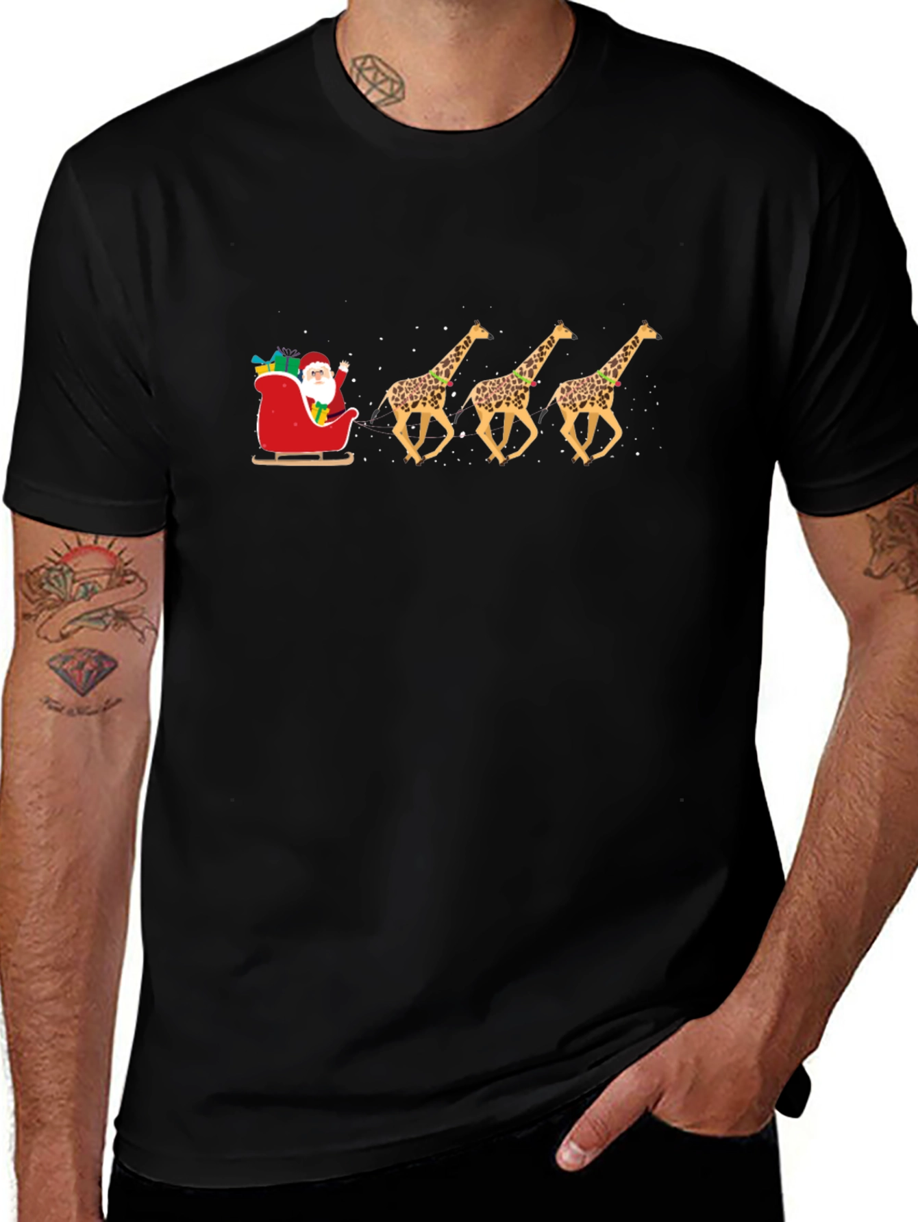 Santas Giraffe Sleigh T-Shirt - Holiday Fun