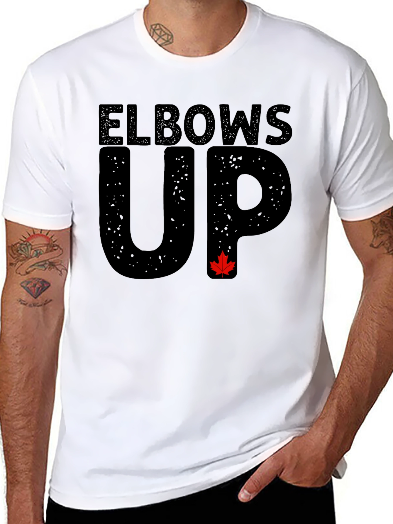Elbows Up Black T-Shirt with Maple Leaf Accent