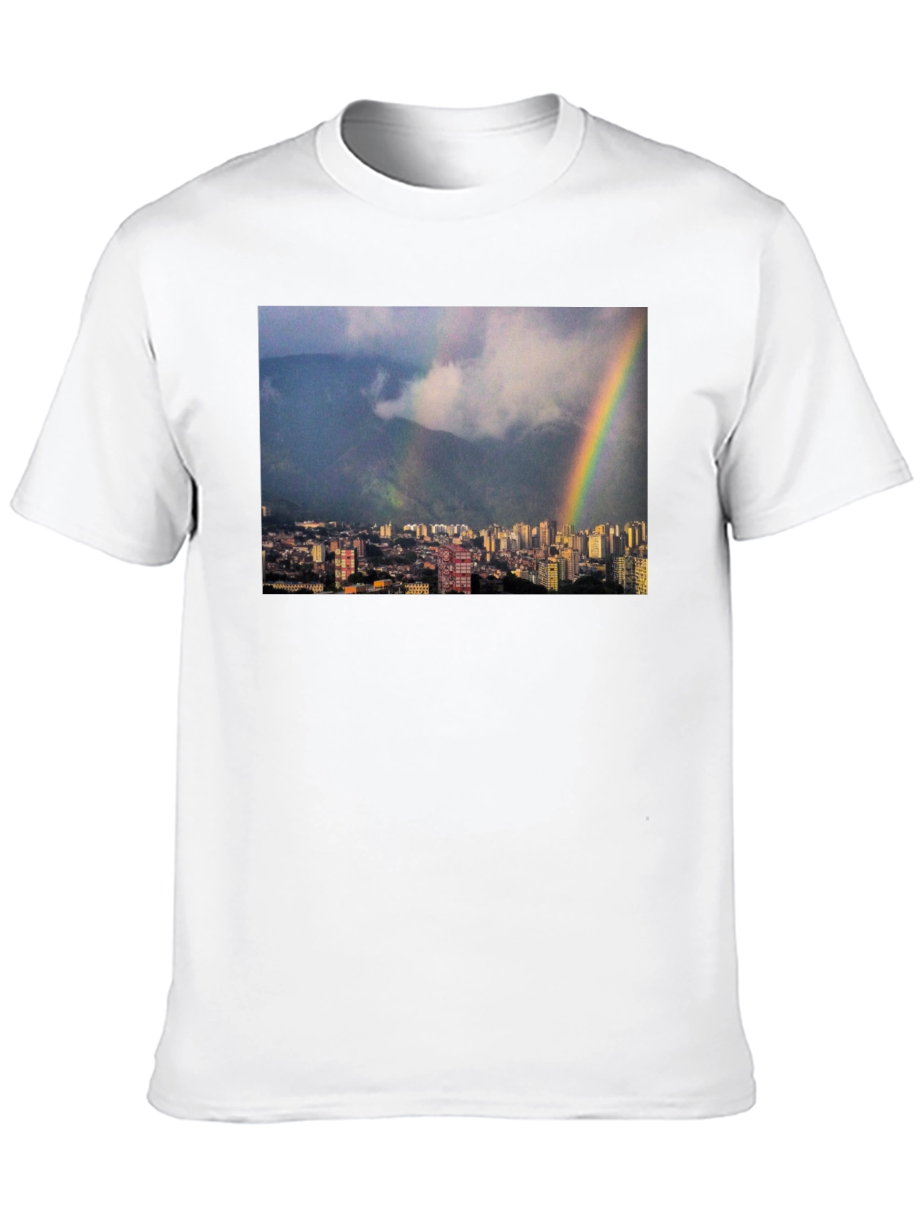 Rainbow Cityscape Graphic Tee - Black Casual T-Shirt