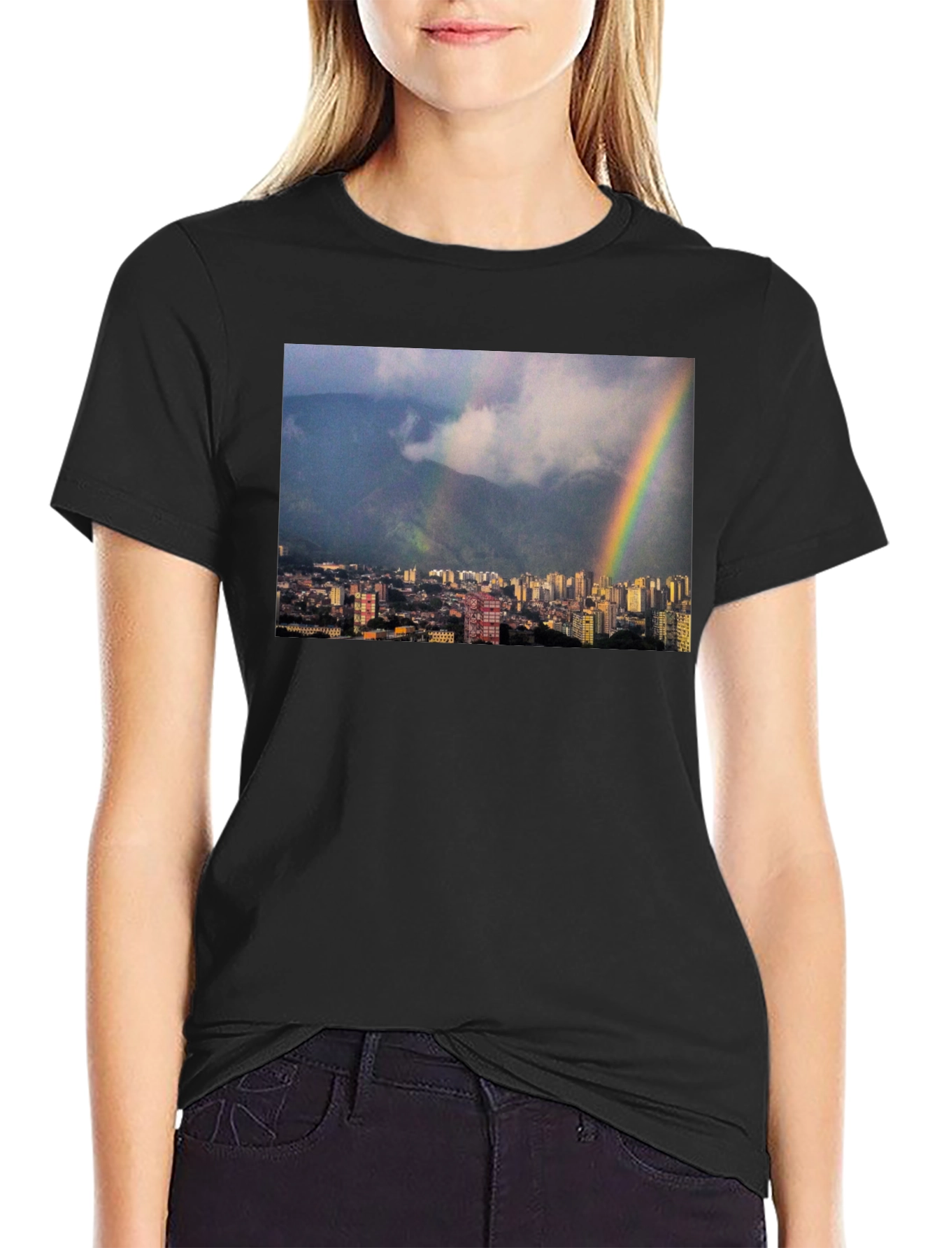 Rainbow Cityscape Graphic Tee - Black Casual T-Shirt