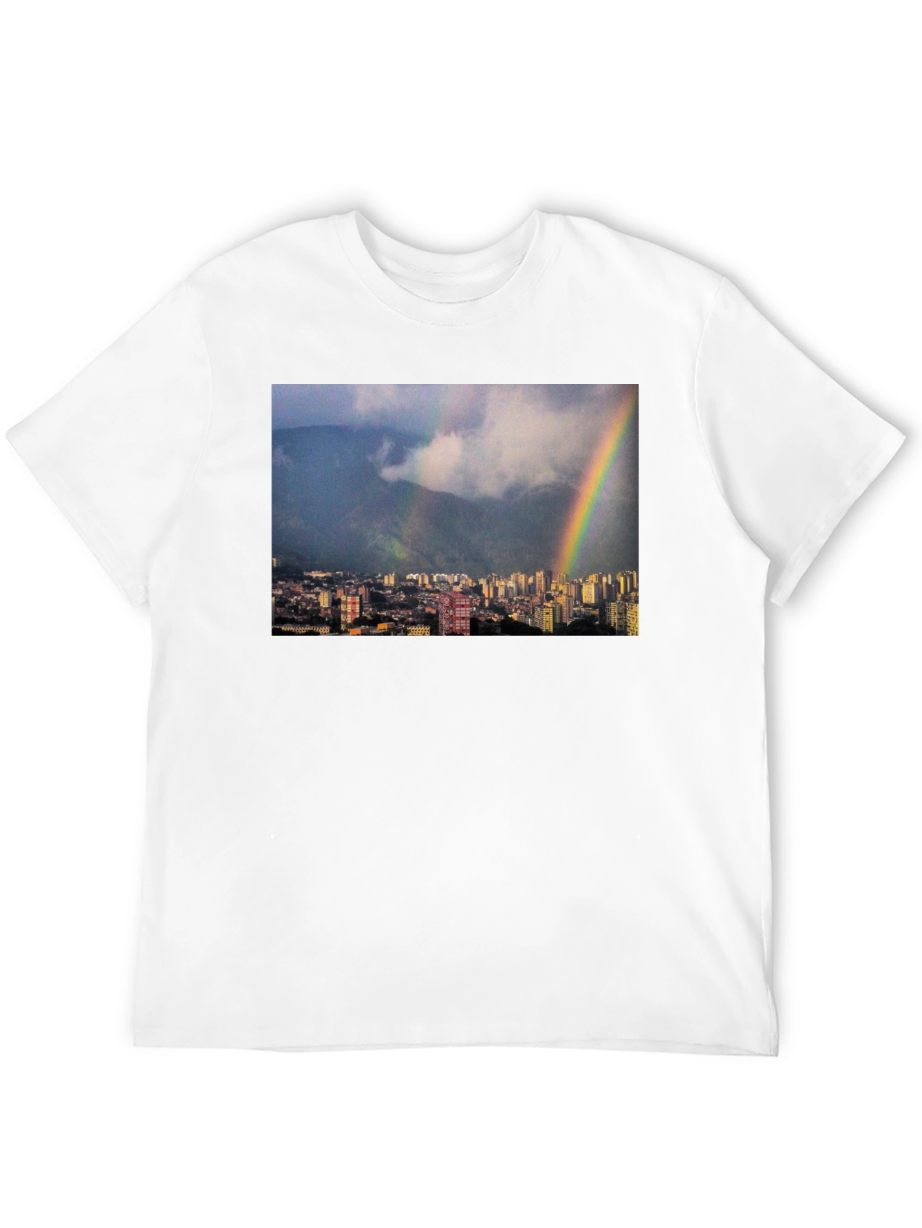 Rainbow Cityscape Graphic Tee - Black Casual T-Shirt