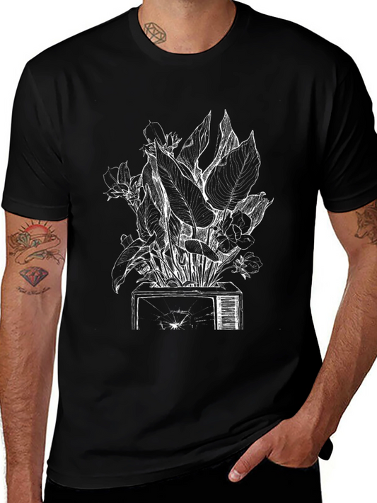 Floral TV Graphic Tee - Black Cotton Blend T-Shirt