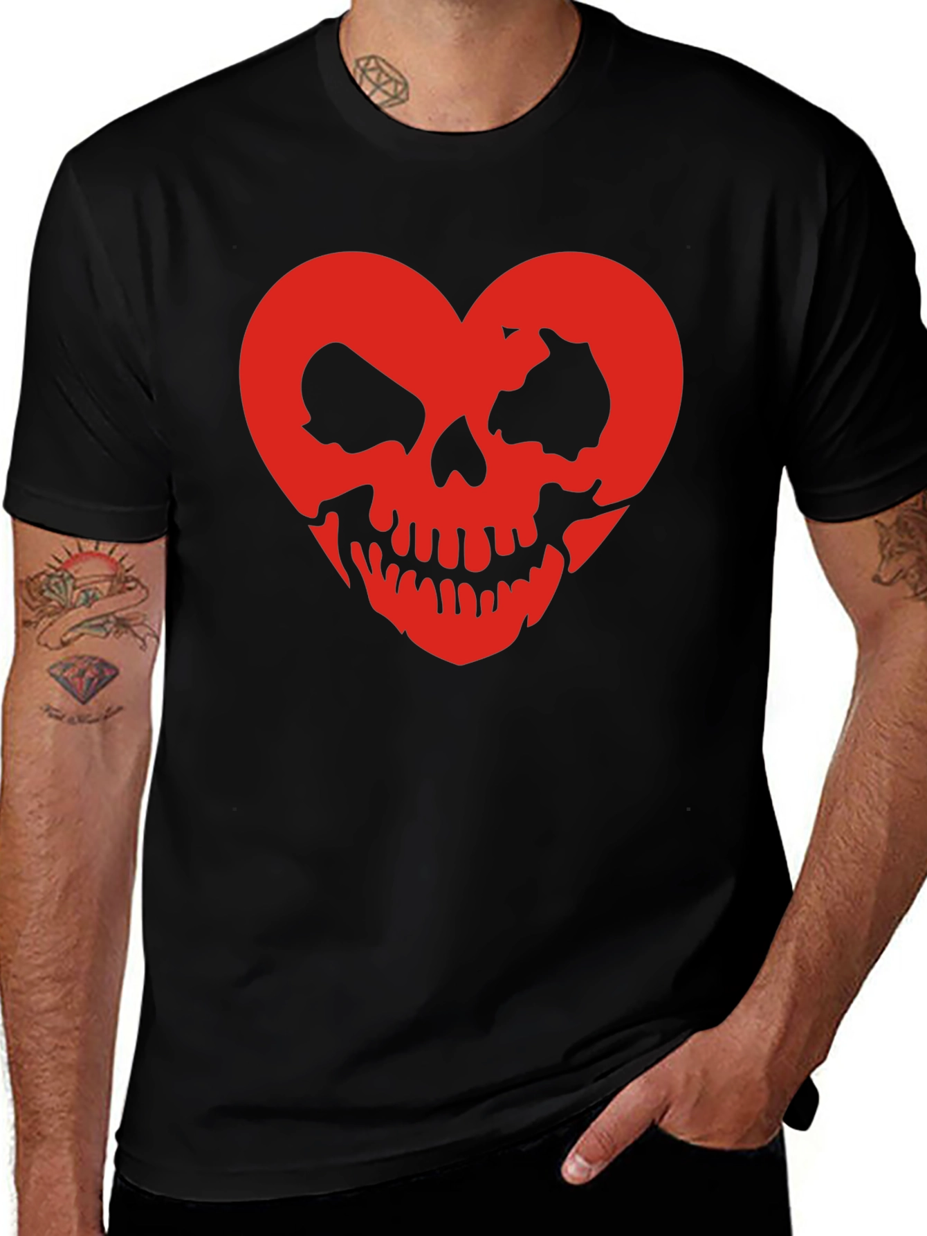 Red Skull Heart Black Tee