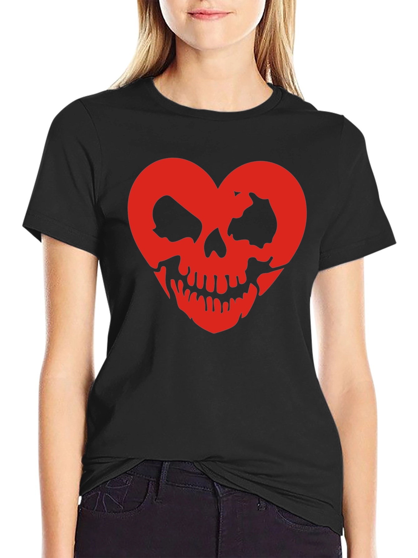 Red Skull Heart Black Tee