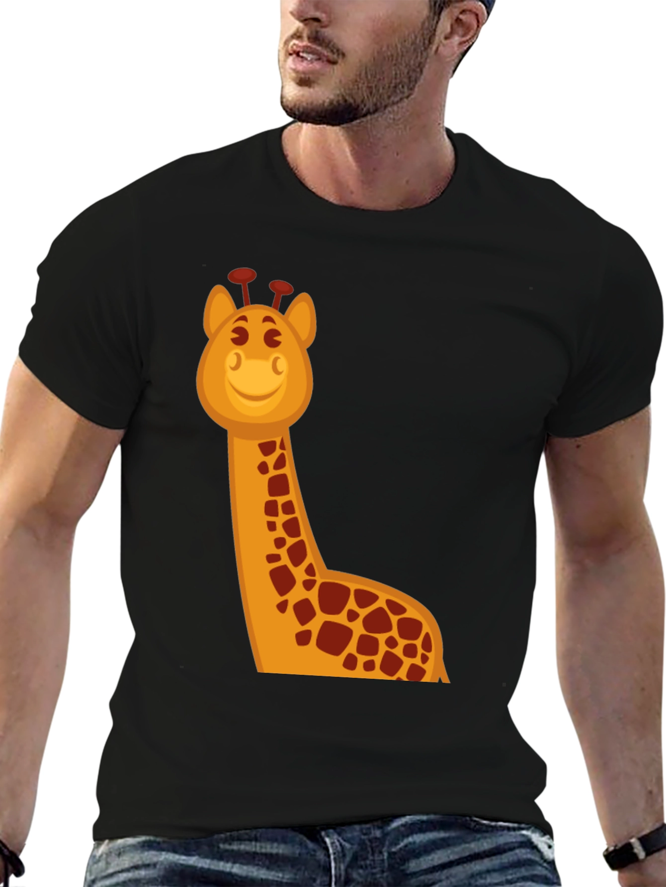 Cartoon Giraffe Graphic Tee - Black