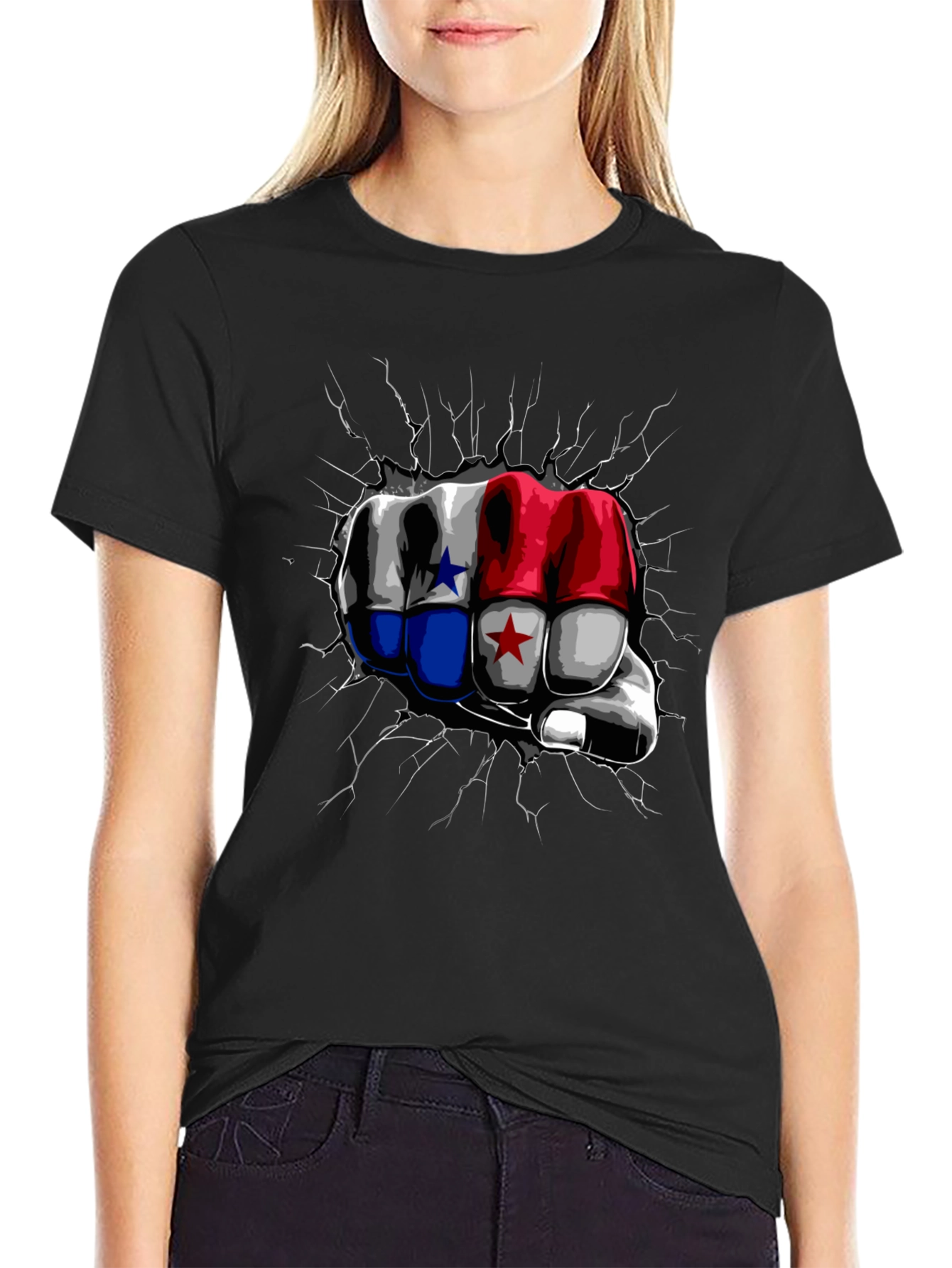 Panama Flag Fist Breaking Wall Mens Black T-Shirt