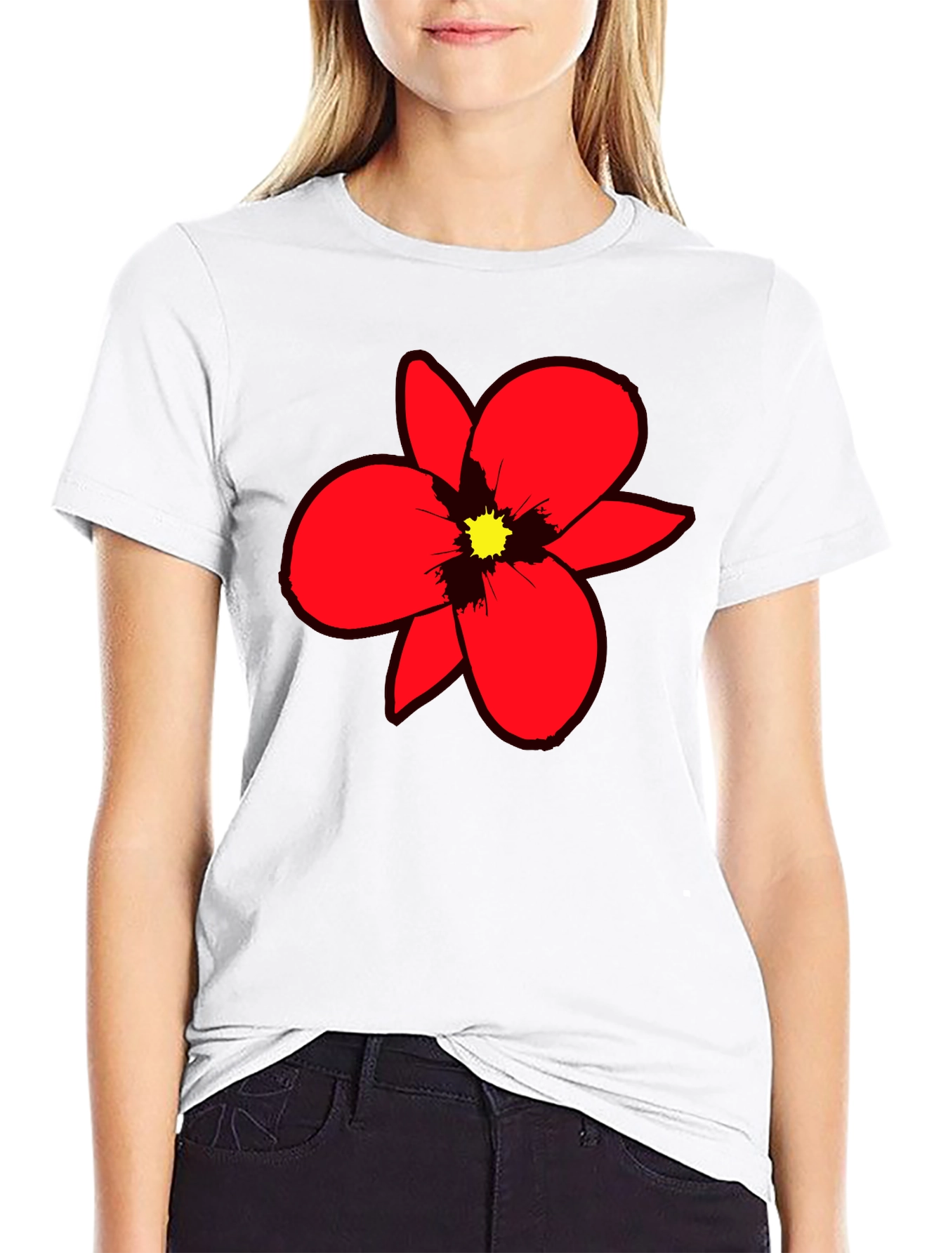 Bold Red Flower Graphic Tee - Black Cotton Blend
