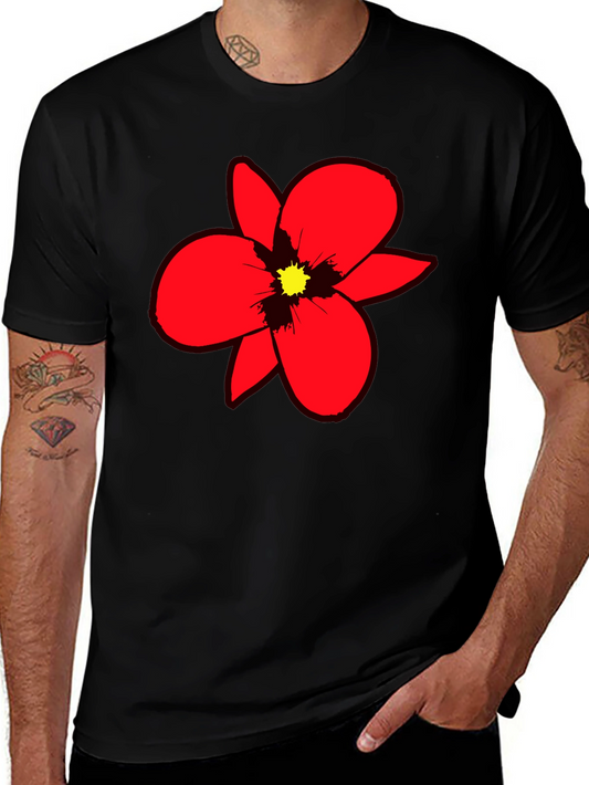 Bold Red Flower Graphic Tee - Black Cotton Blend