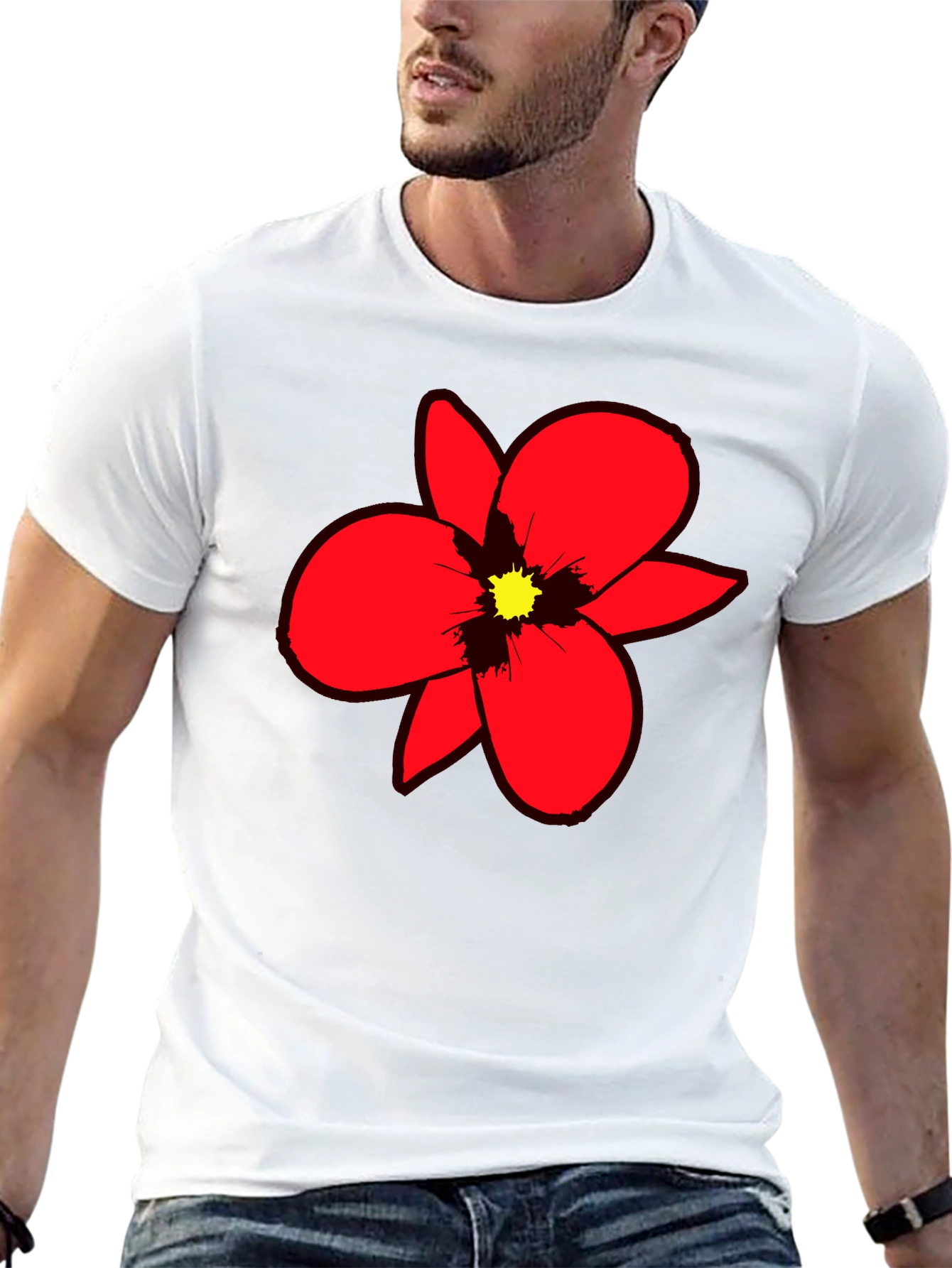 Bold Red Flower Graphic Tee - Black Cotton Blend
