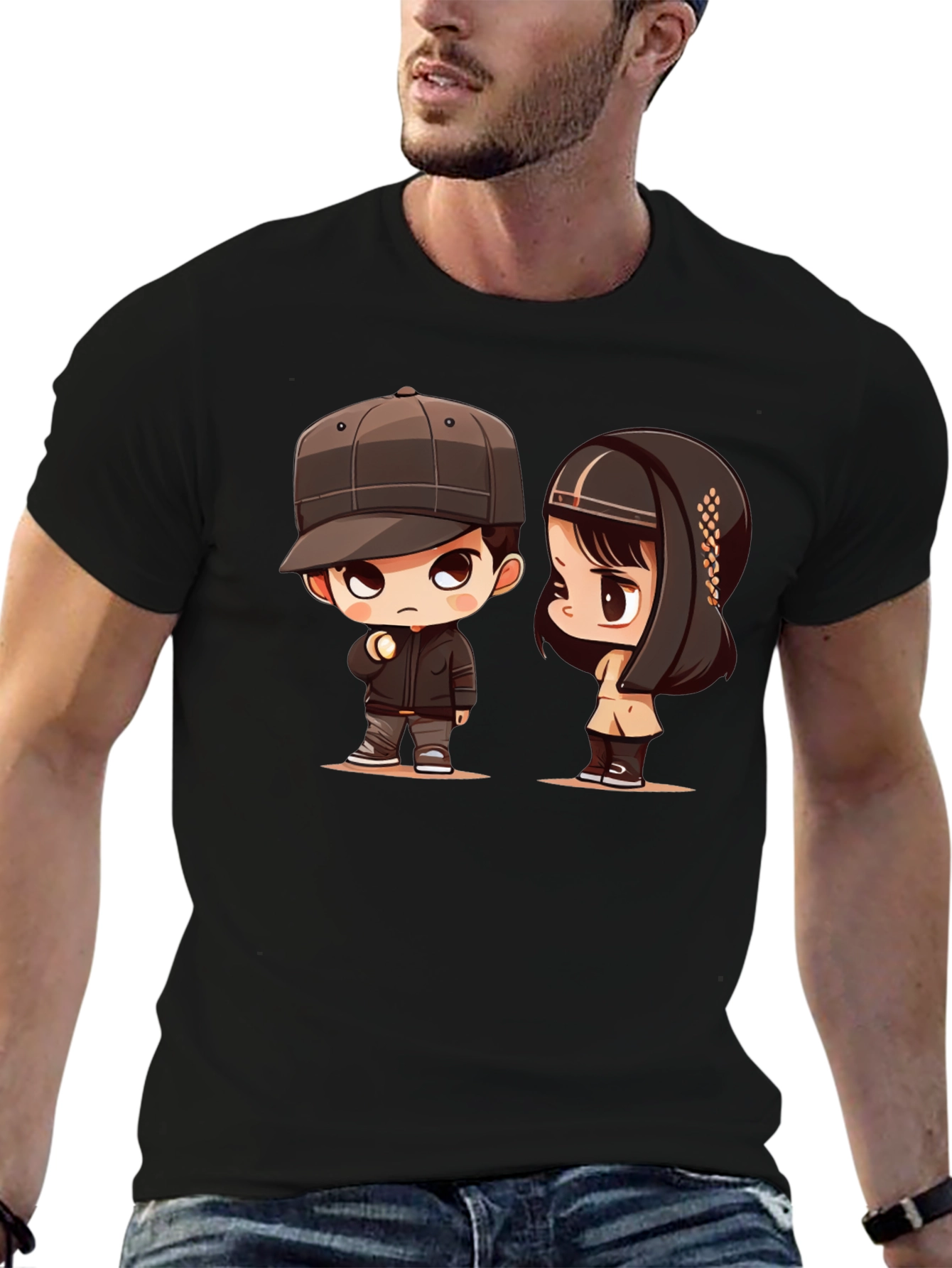 Cartoon Couple Black T-Shirt