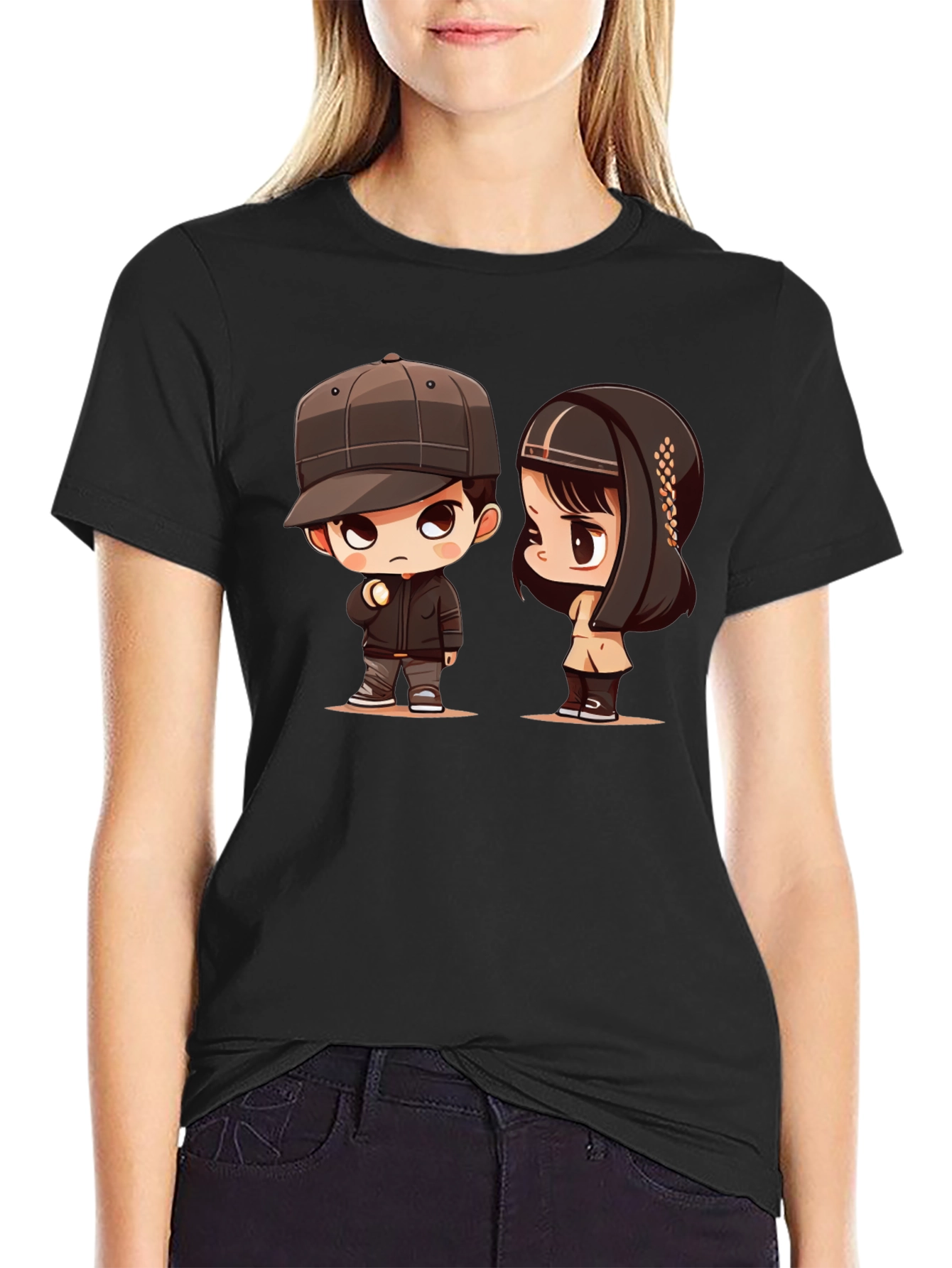 Cartoon Couple Black T-Shirt