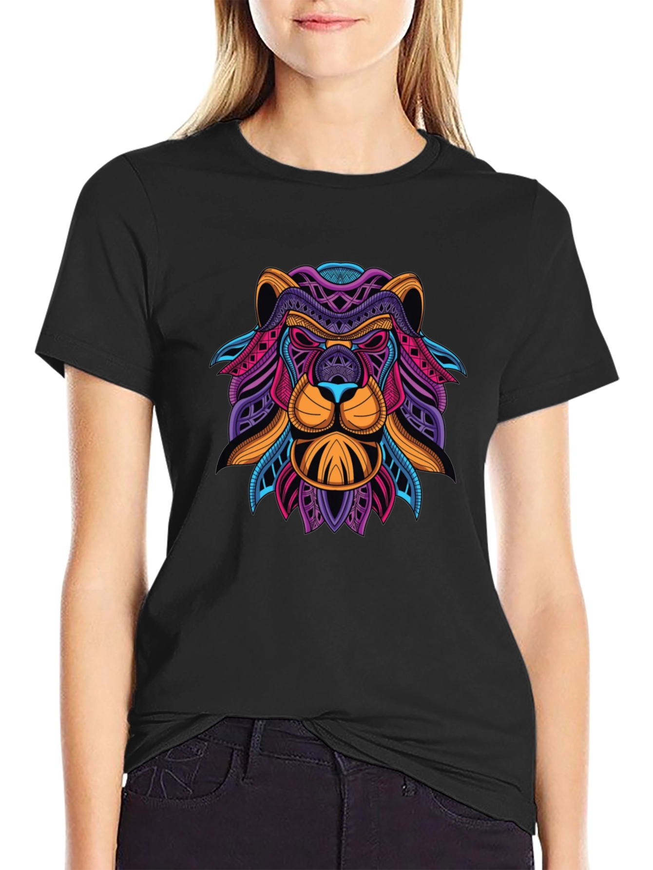 Abstract Lion Graphic Print Mens Black T-Shirt