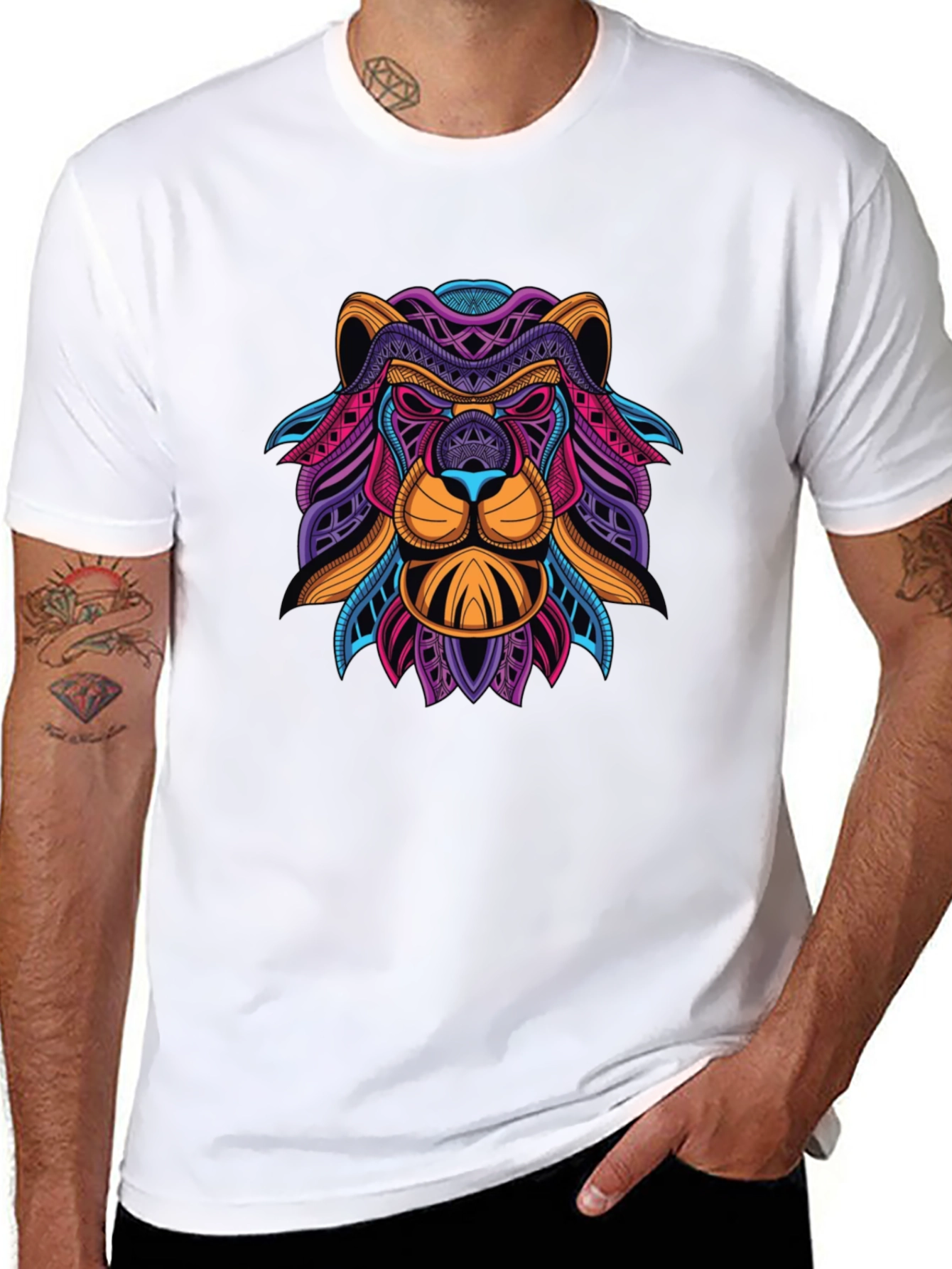 Abstract Lion Graphic Print Mens Black T-Shirt