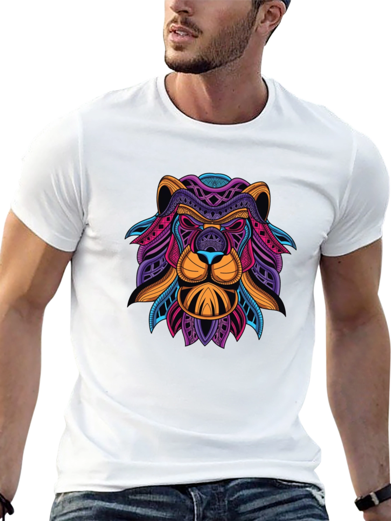 Abstract Lion Graphic Print Mens Black T-Shirt
