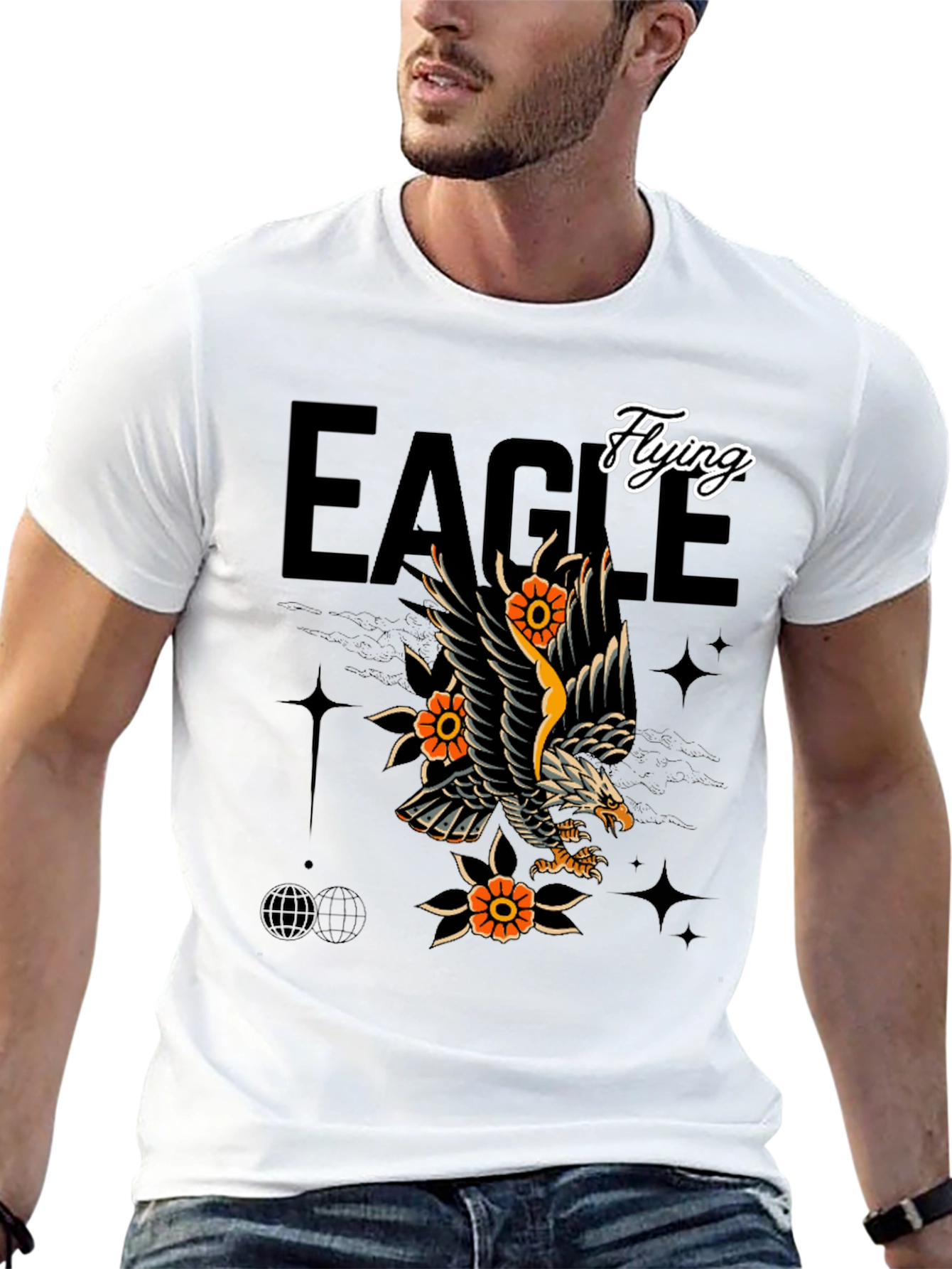 Eagle Tattoo Style Graphic Print Black T-Shirt