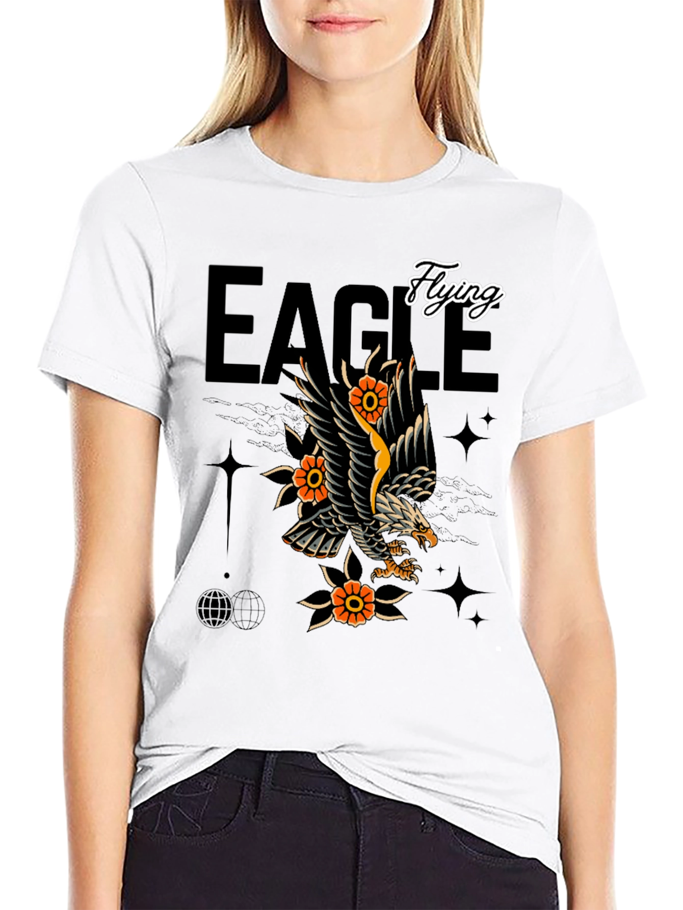 Eagle Tattoo Style Graphic Print Black T-Shirt