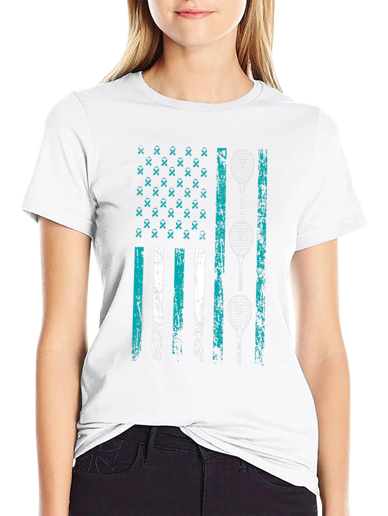 Teal Ribbon Tennis Flag Graphic Tee