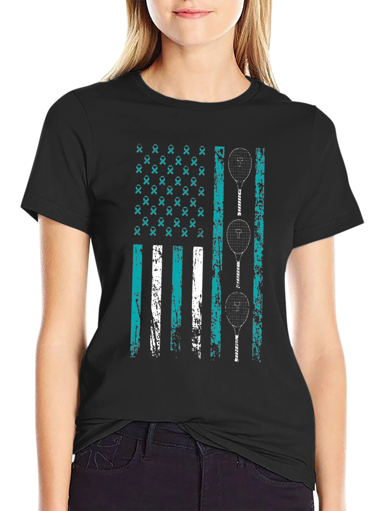 Teal Ribbon Tennis Flag Graphic Tee