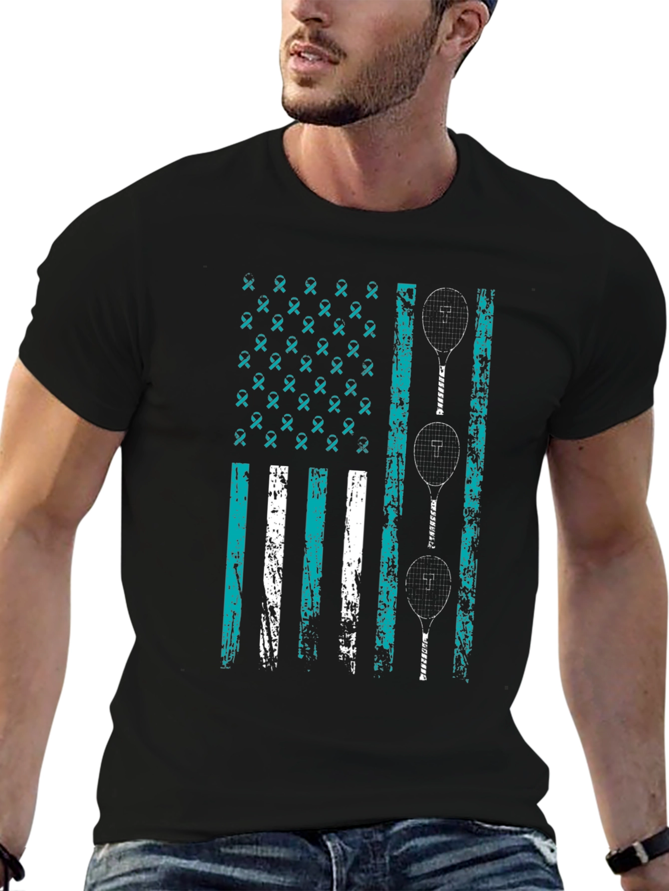 Teal Ribbon Tennis Flag Graphic Tee
