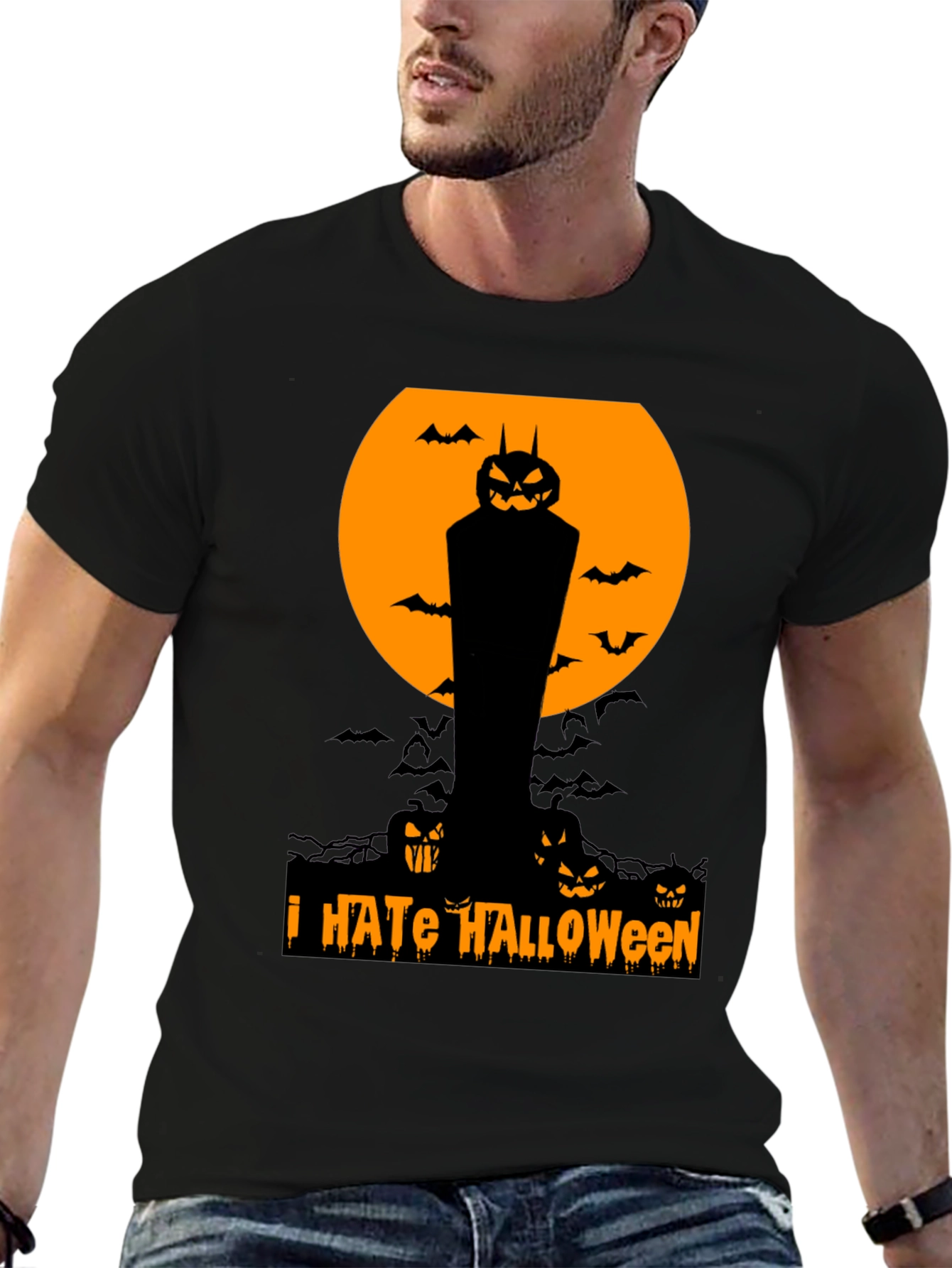 I Hate Halloween T-Shirt Pumpkin Bats Spooky Season Tee