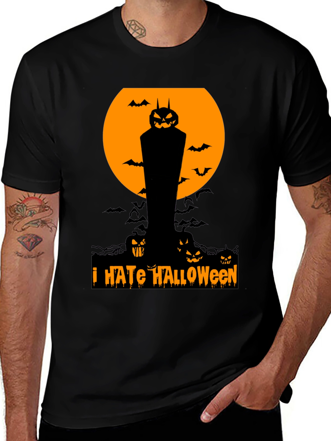 I Hate Halloween T-Shirt Pumpkin Bats Spooky Season Tee