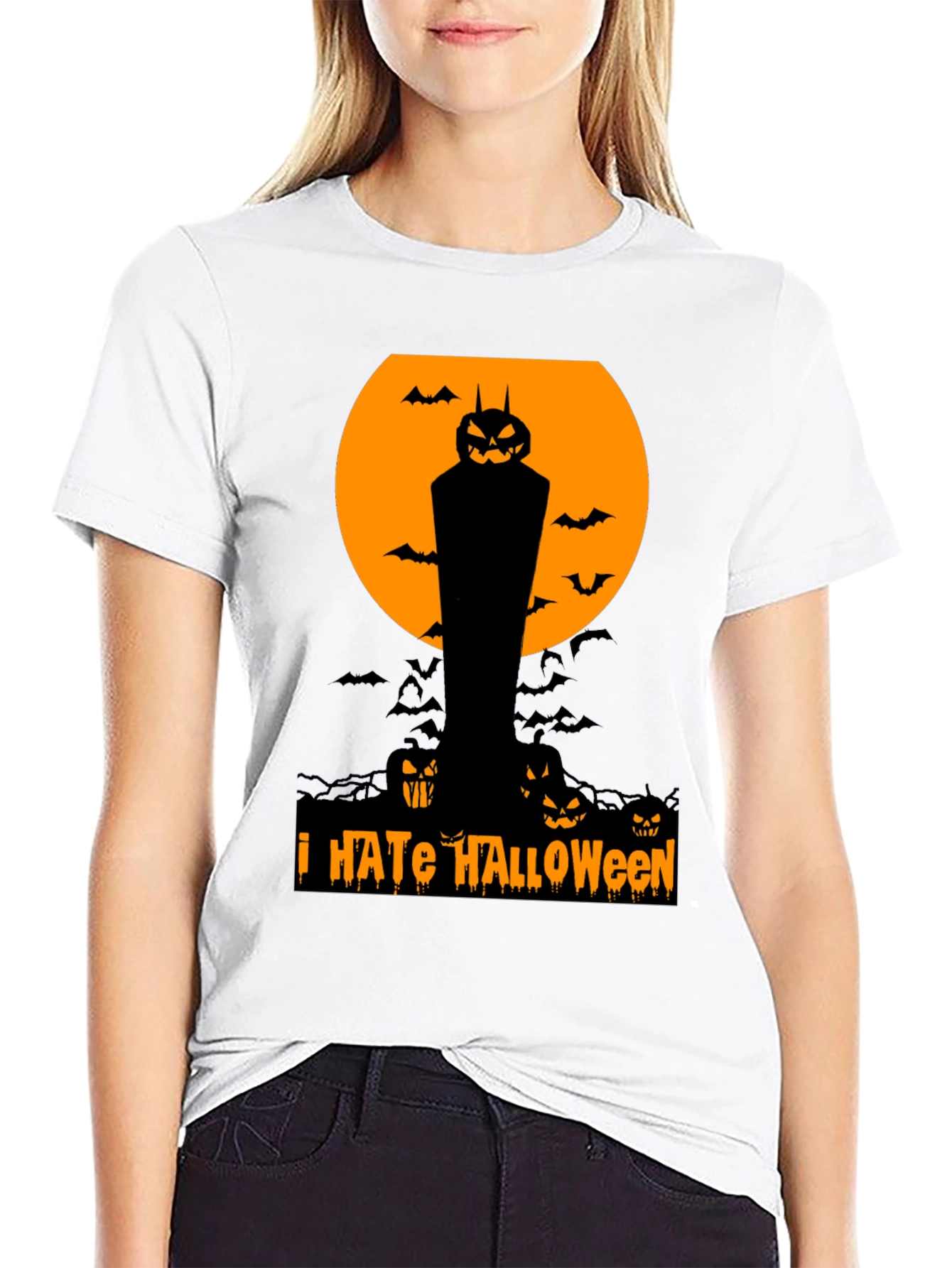 I Hate Halloween T-Shirt Pumpkin Bats Spooky Season Tee