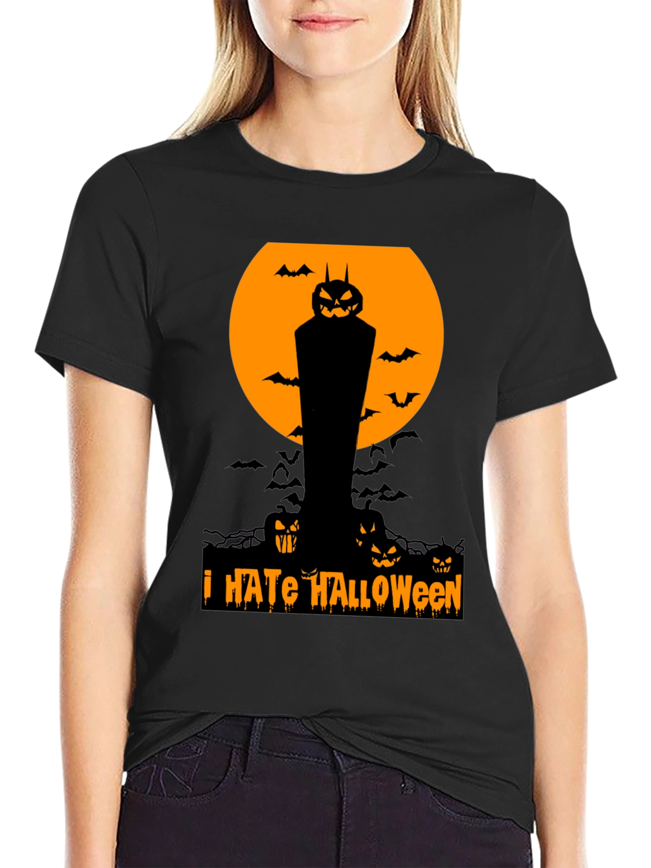 I Hate Halloween T-Shirt Pumpkin Bats Spooky Season Tee