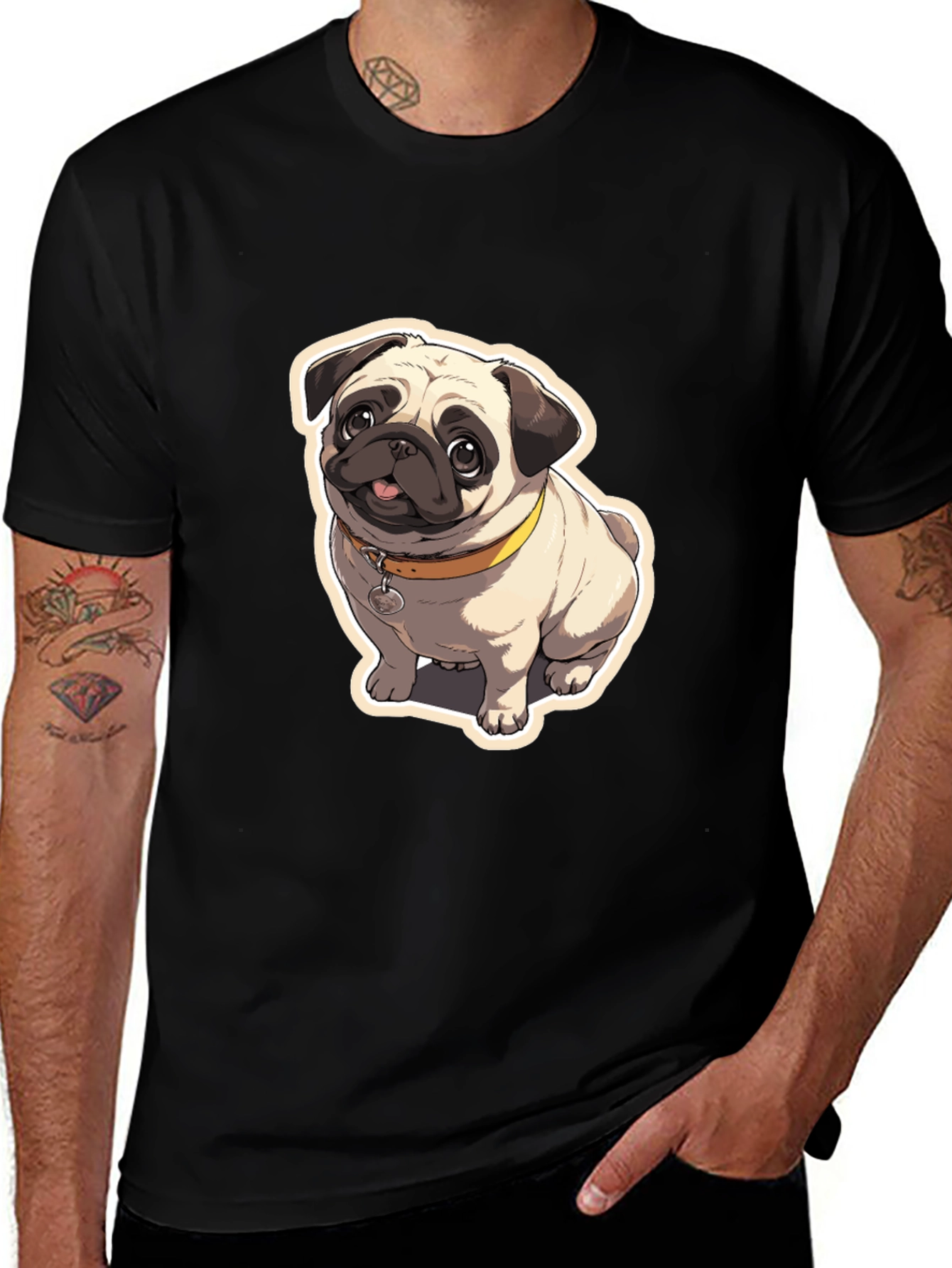 Pug Cartoon Graphic Black T-Shirt