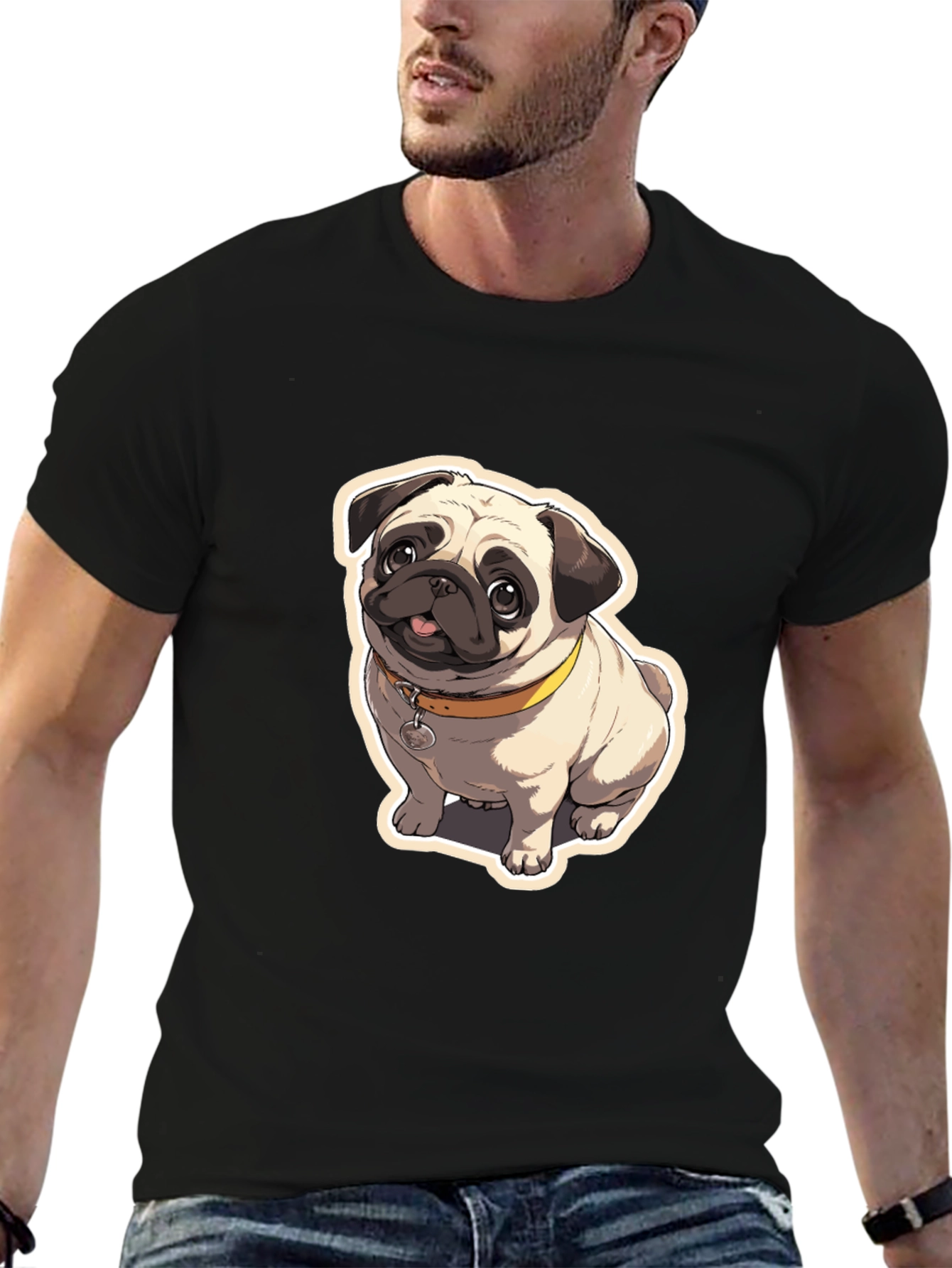 Pug Cartoon Graphic Black T-Shirt