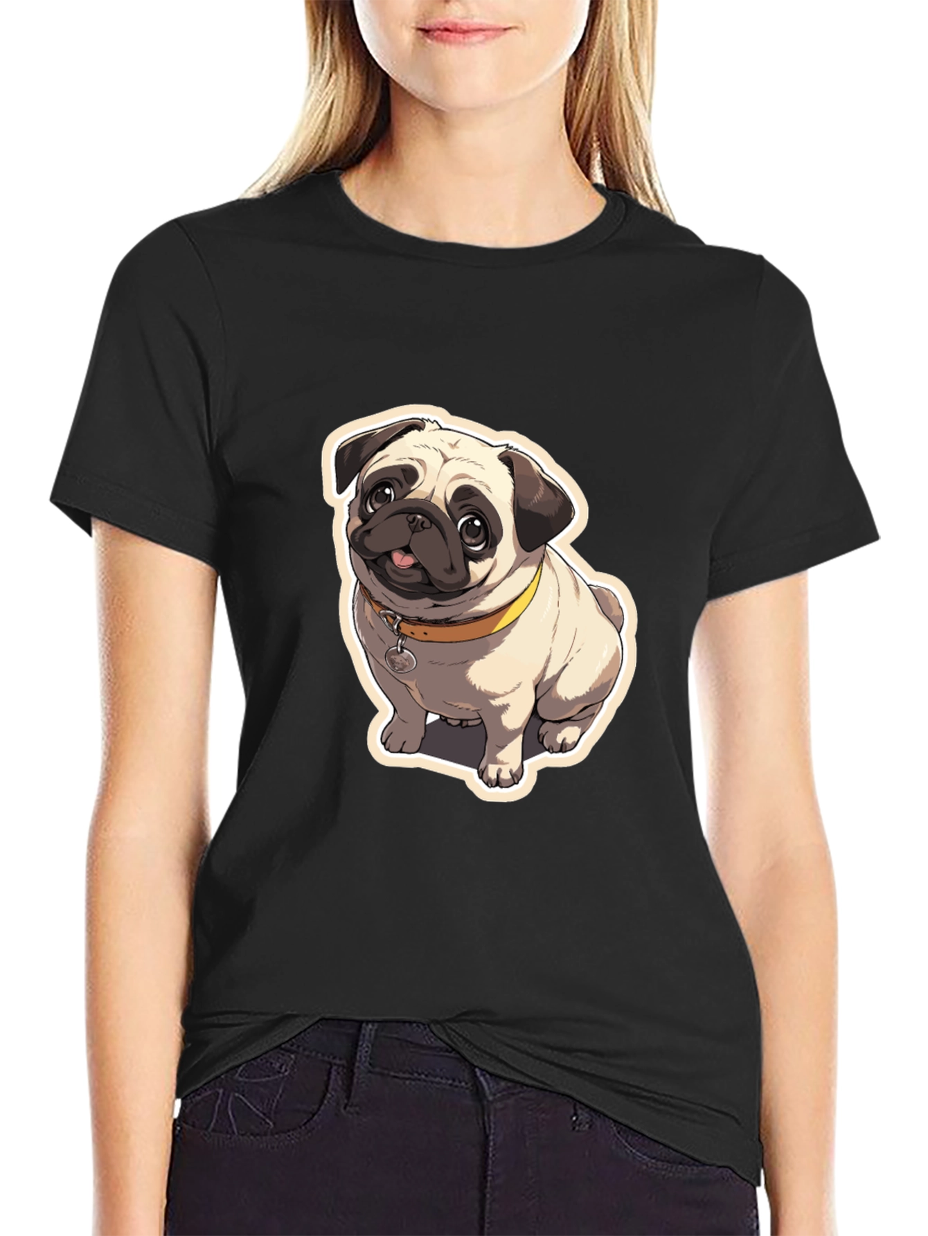 Pug Cartoon Graphic Black T-Shirt