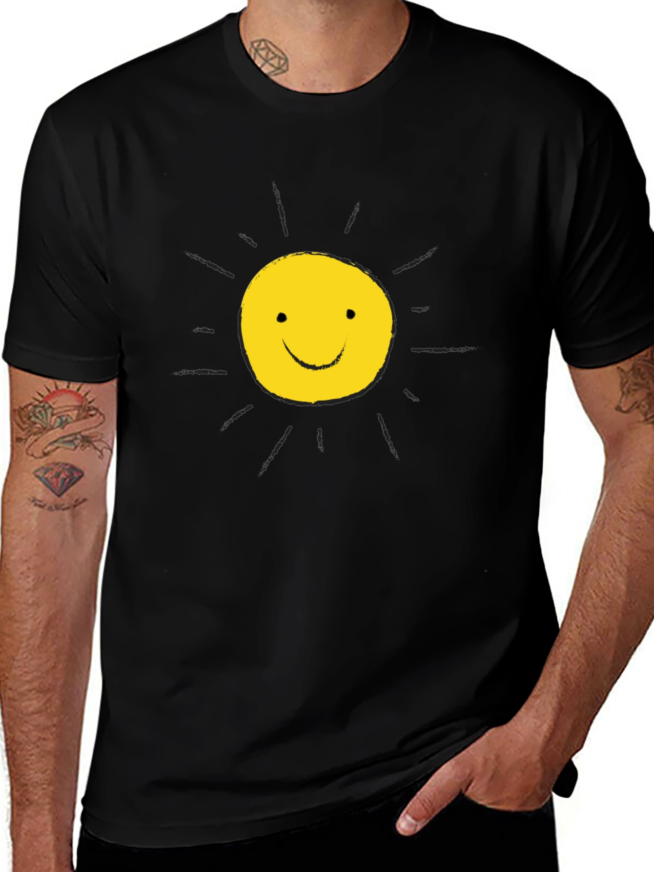 Happy Sun Graphic Tee - Black Cotton T-Shirt