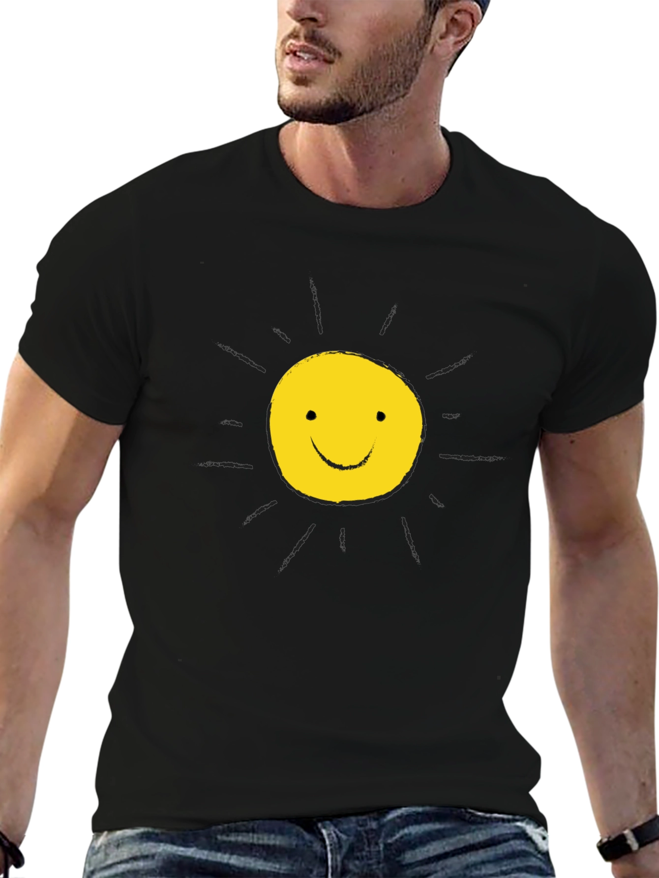 Happy Sun Graphic Tee - Black Cotton T-Shirt