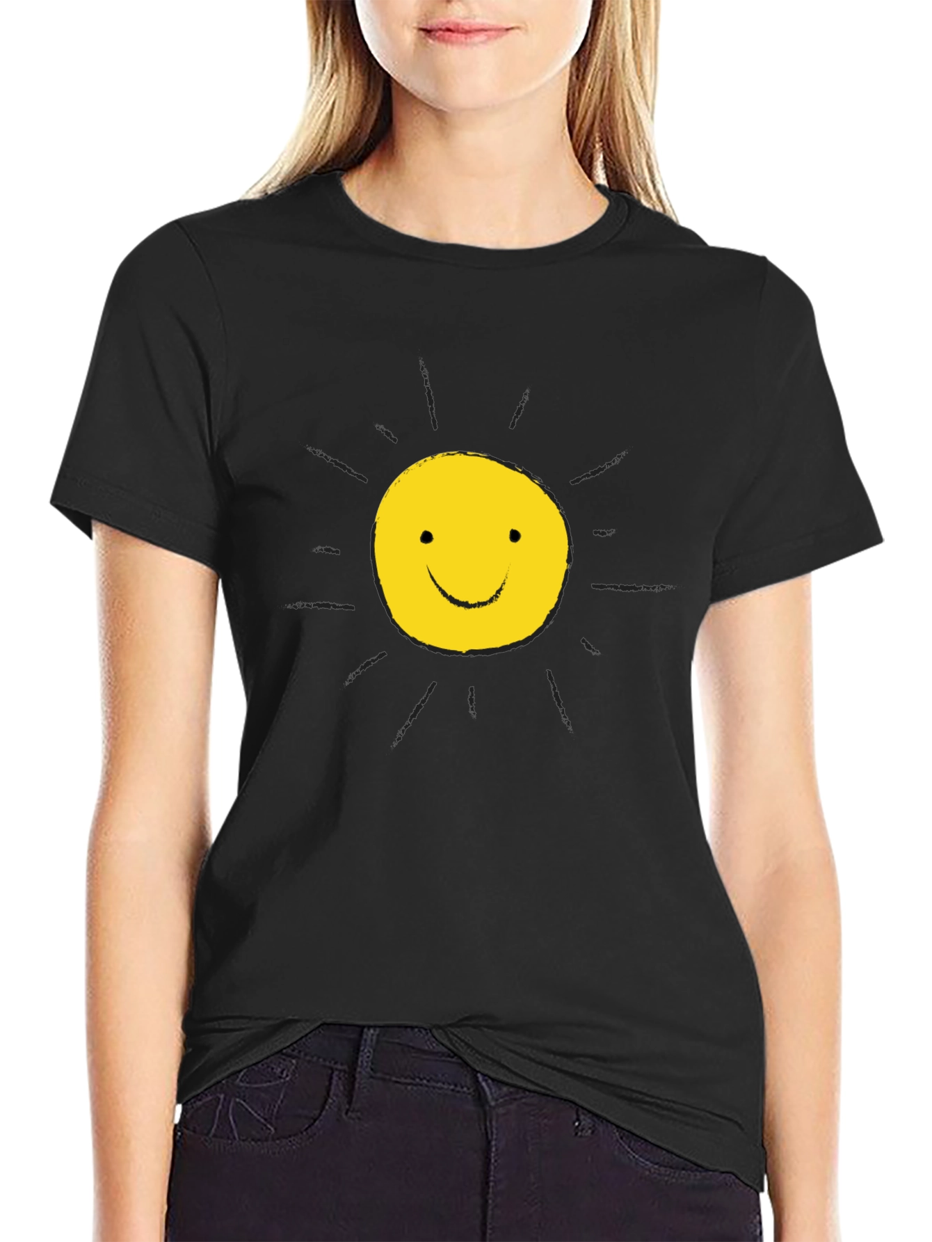 Happy Sun Graphic Tee - Black Cotton T-Shirt