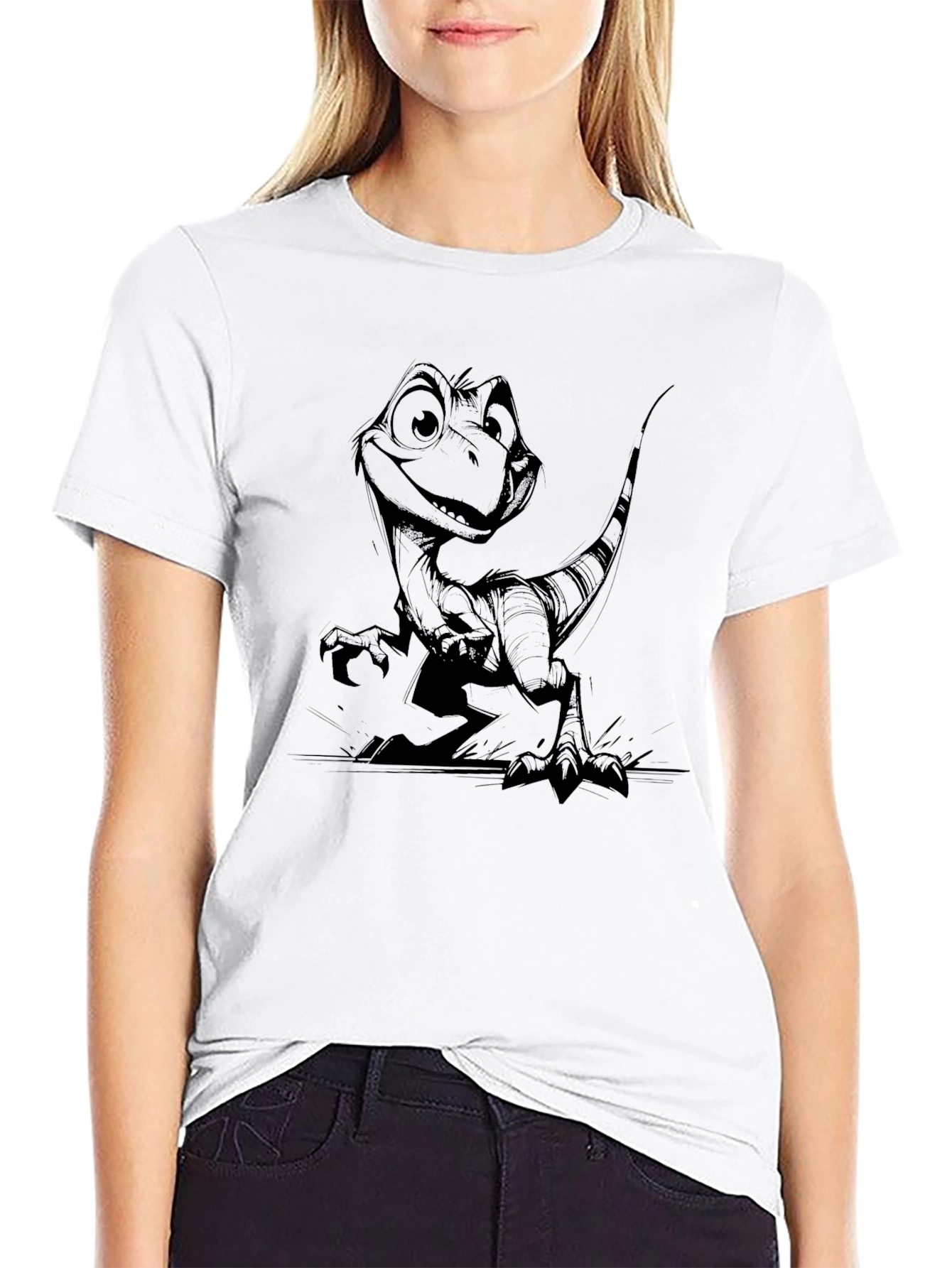 Cartoon Dinosaur Graphic Tee - Black