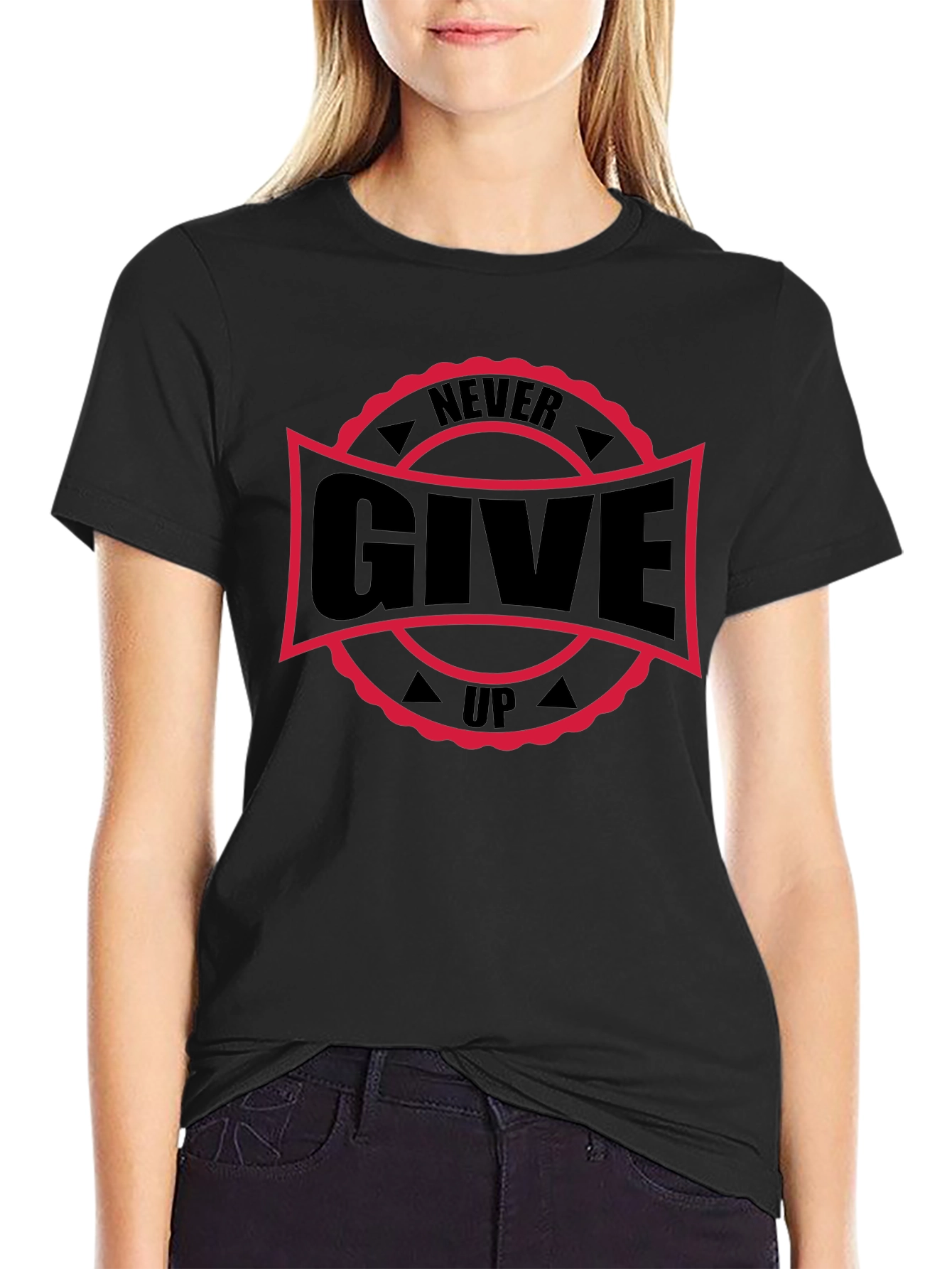 Never Give Up Graphic Black T-Shirt