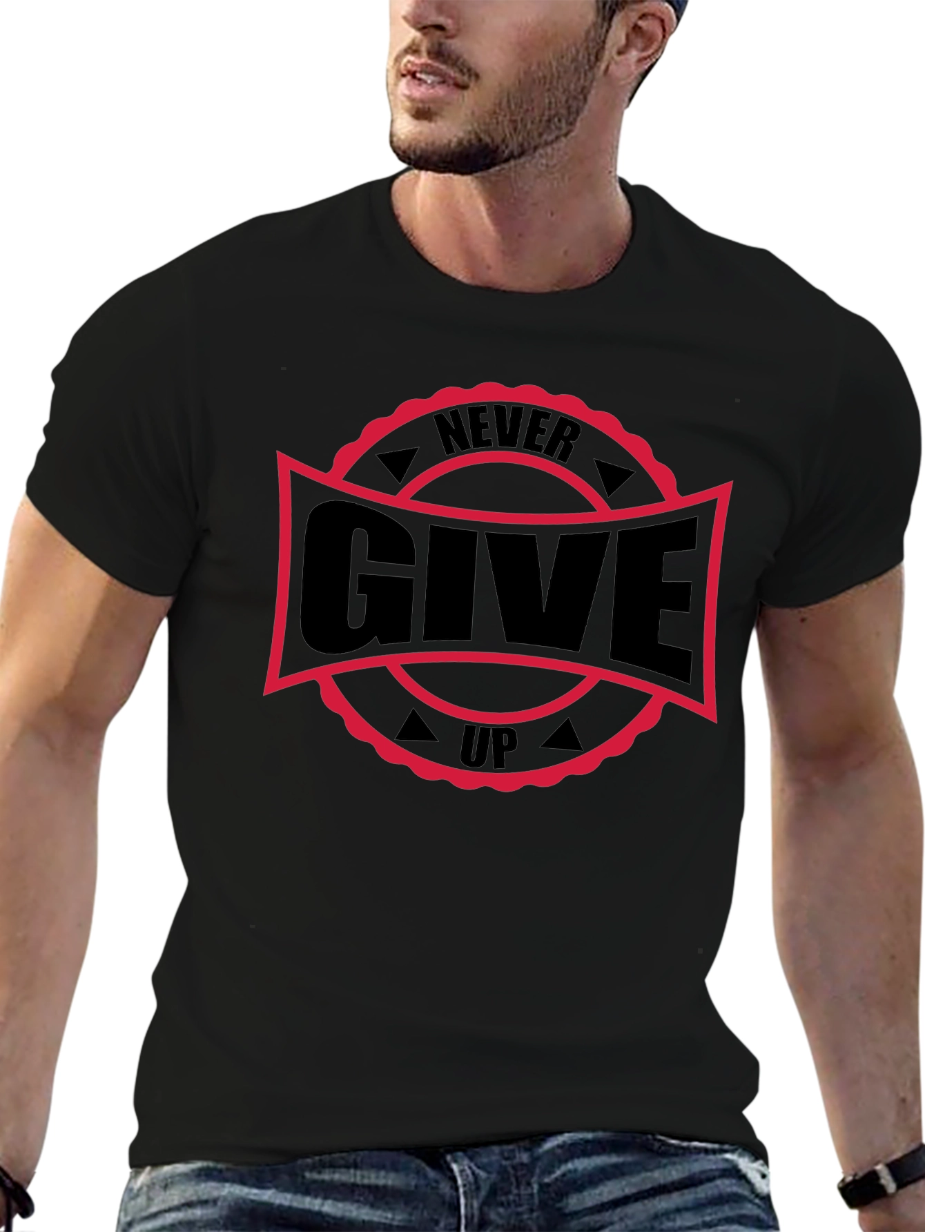 Never Give Up Graphic Black T-Shirt
