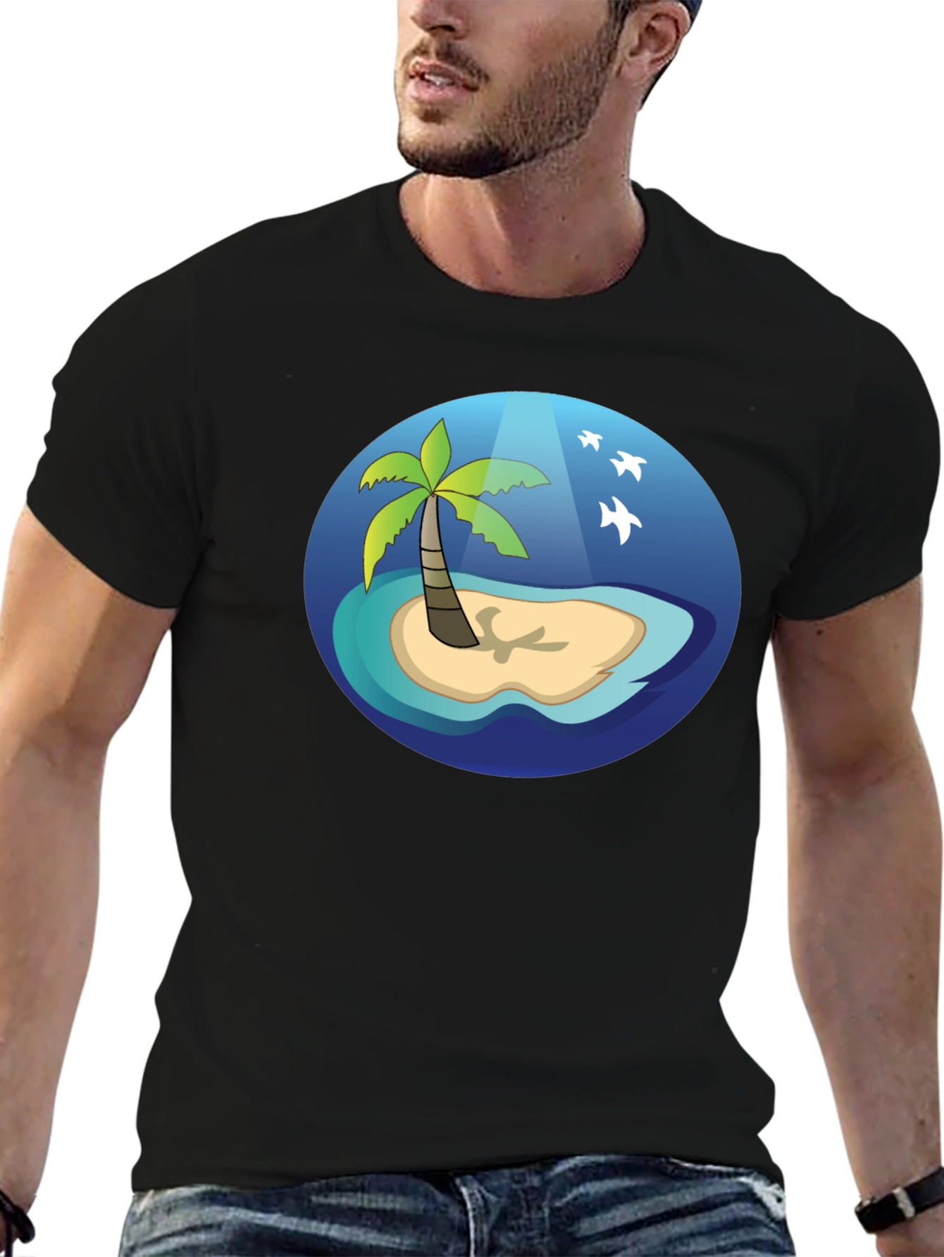 Tropical Island Graphic T-Shirt - Casual Black Tee