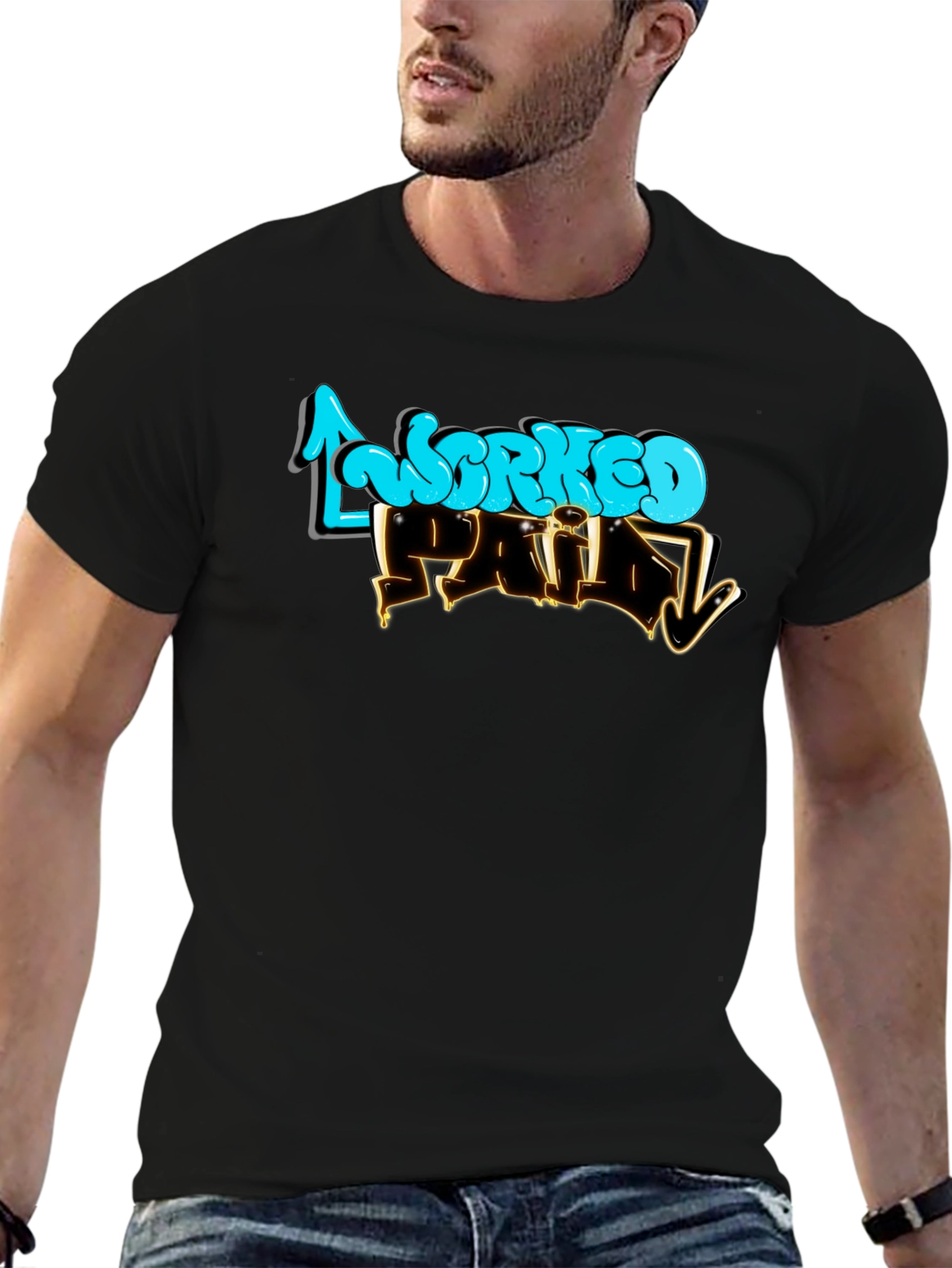 Worked Paid Graphic T-Shirt - Black Crew Neck