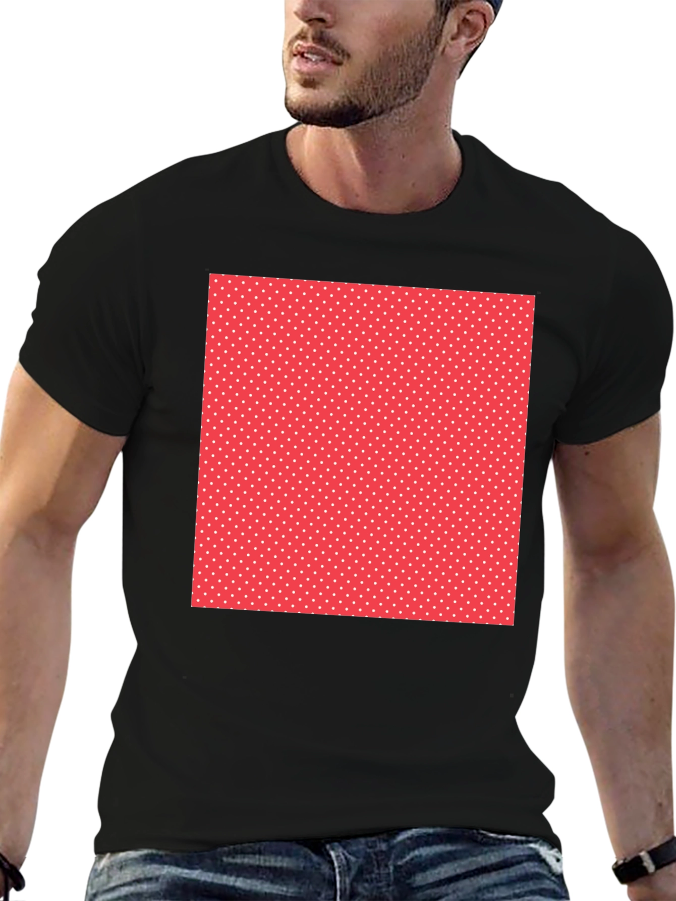 Black Tee with Red Polka Dot Square Design